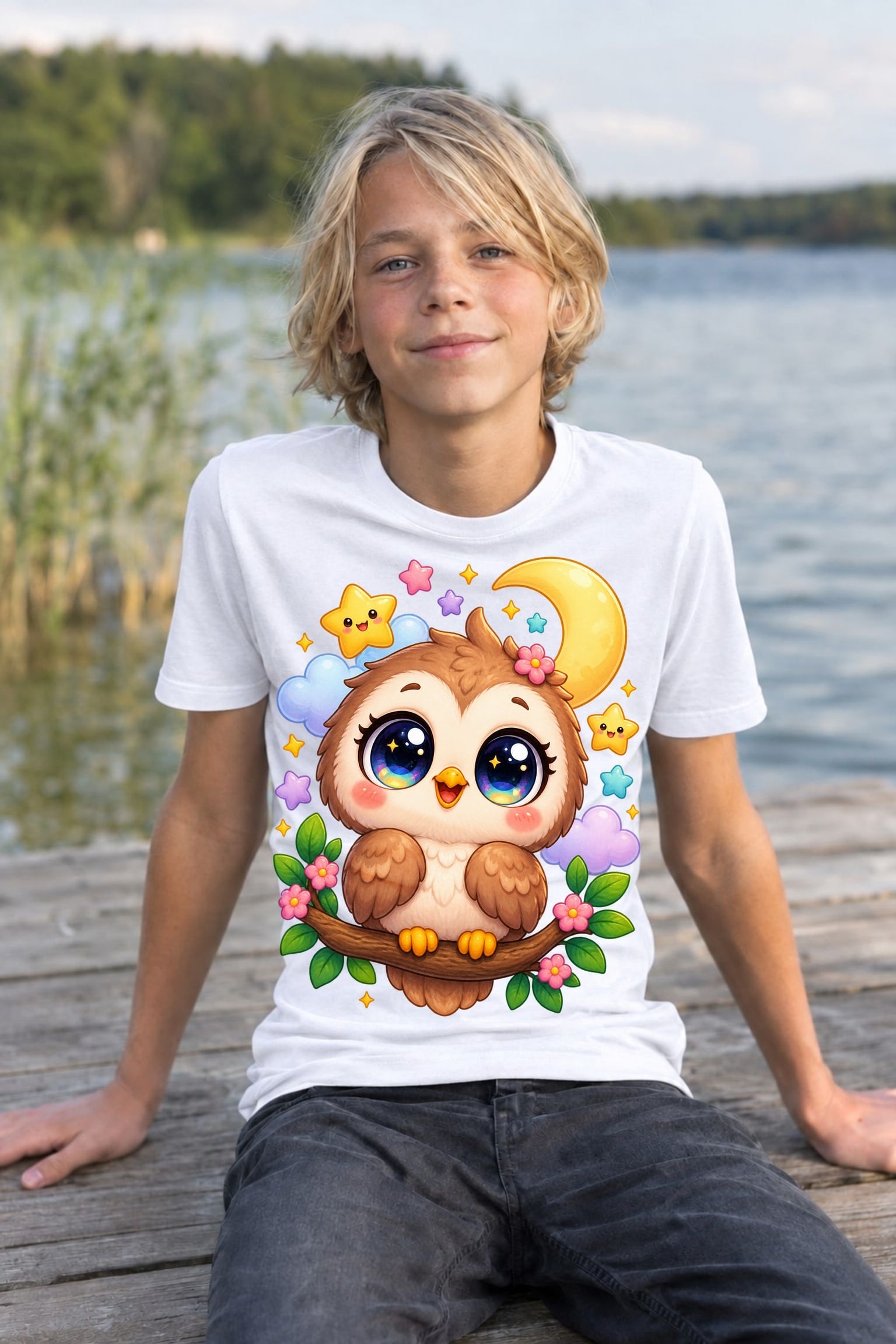 Koszulka z sową dla chłopca biała słodki styl kawaii dla dzieci, zdjęcie 7
