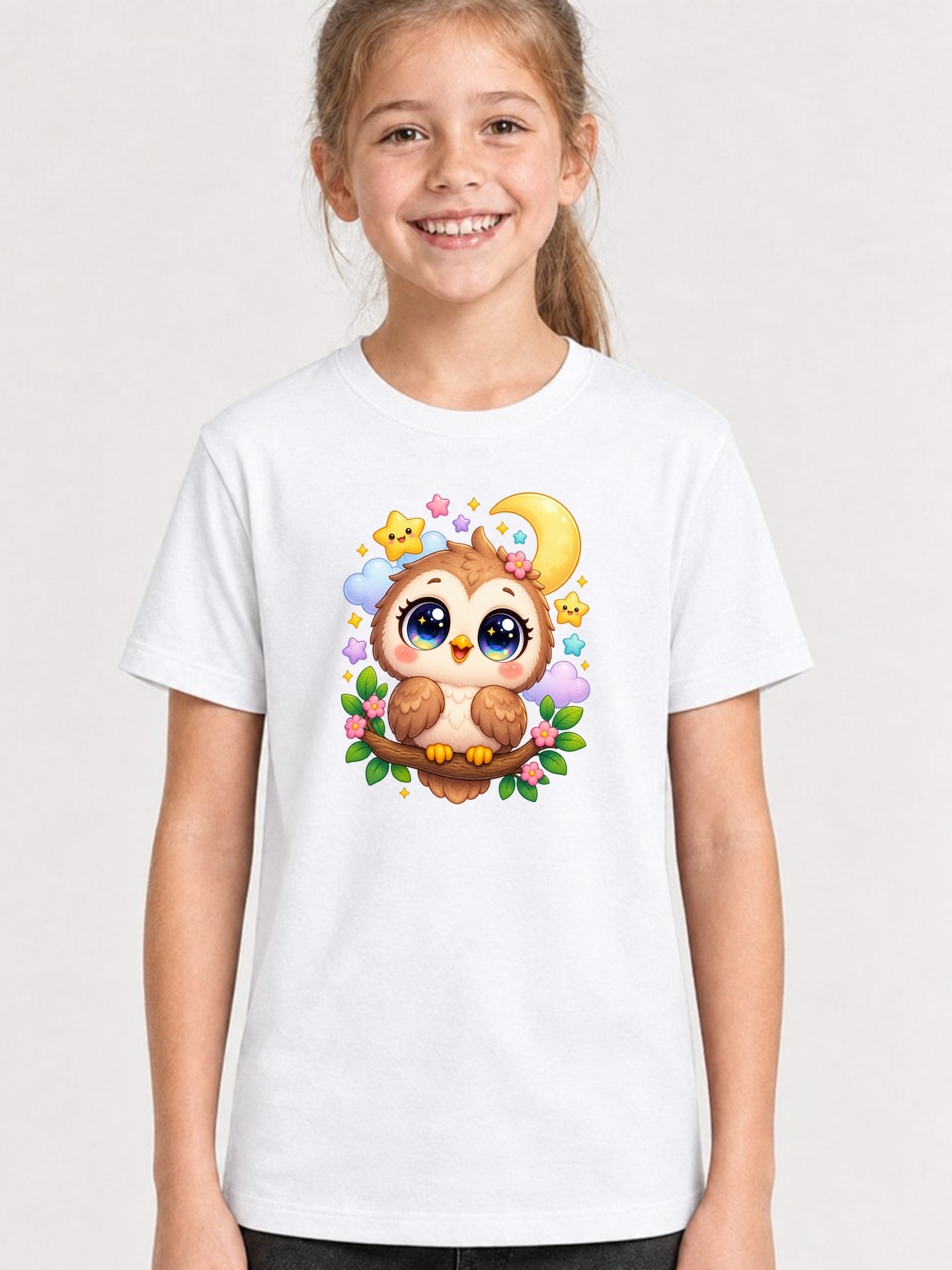 Koszulka z sową dla dziewczynki biała słodki styl kawaii dla dzieci