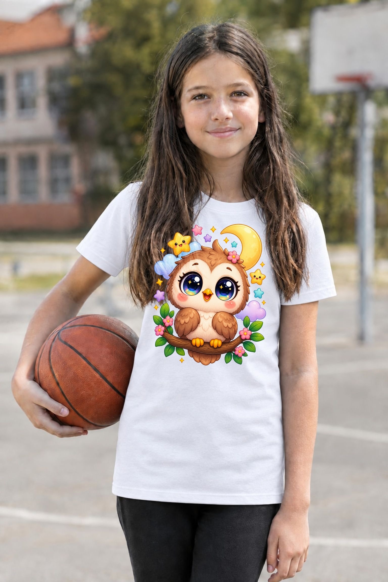 Koszulka z sową dla dziewczynki biała słodki styl kawaii dla dzieci, zdjęcie 6