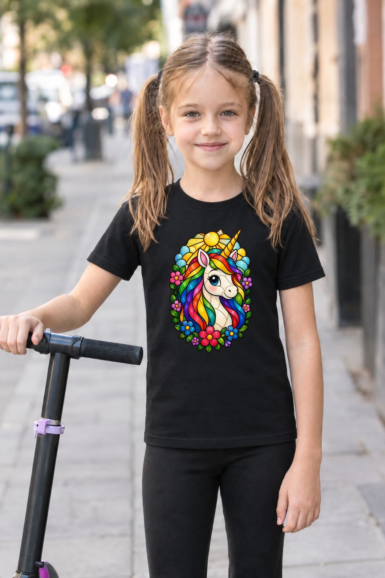 Koszulka T shirt z jednorożcem dla dziewczynki czarna witrażowe kolorowe, zdjęcie 3