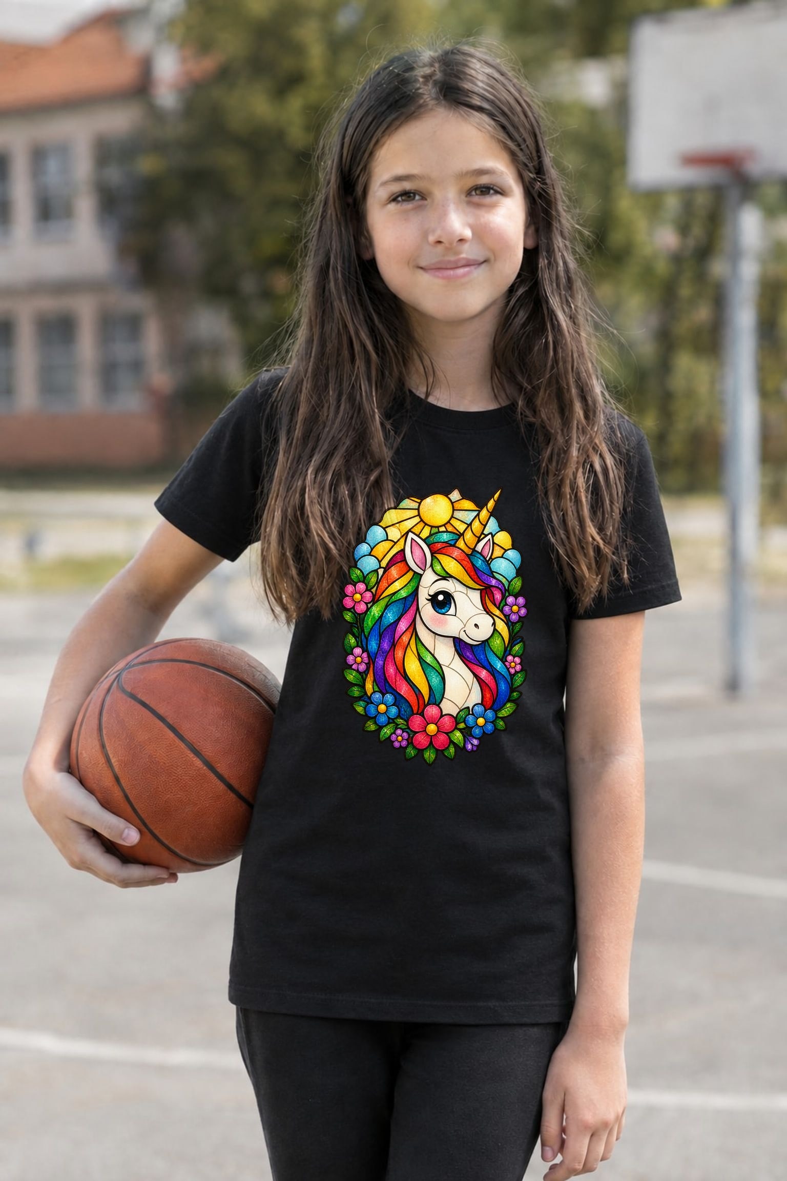 Koszulka T shirt z jednorożcem dla dziewczynki czarna witrażowe kolorowe, zdjęcie 4