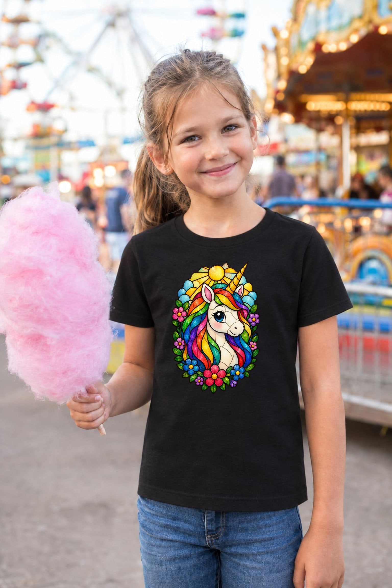 Koszulka T shirt z jednorożcem dla dziewczynki czarna witrażowe kolorowe, zdjęcie 7