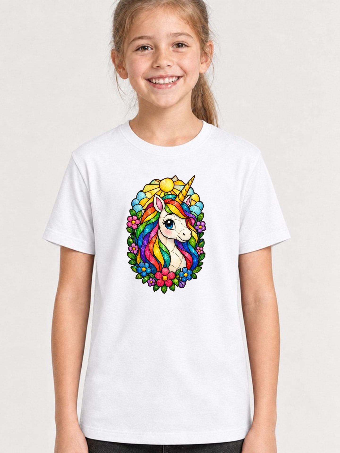 Koszulka T shirt z jednorożcem dla dziewczynki biała witrażowe kolorowe, zdjęcie 1