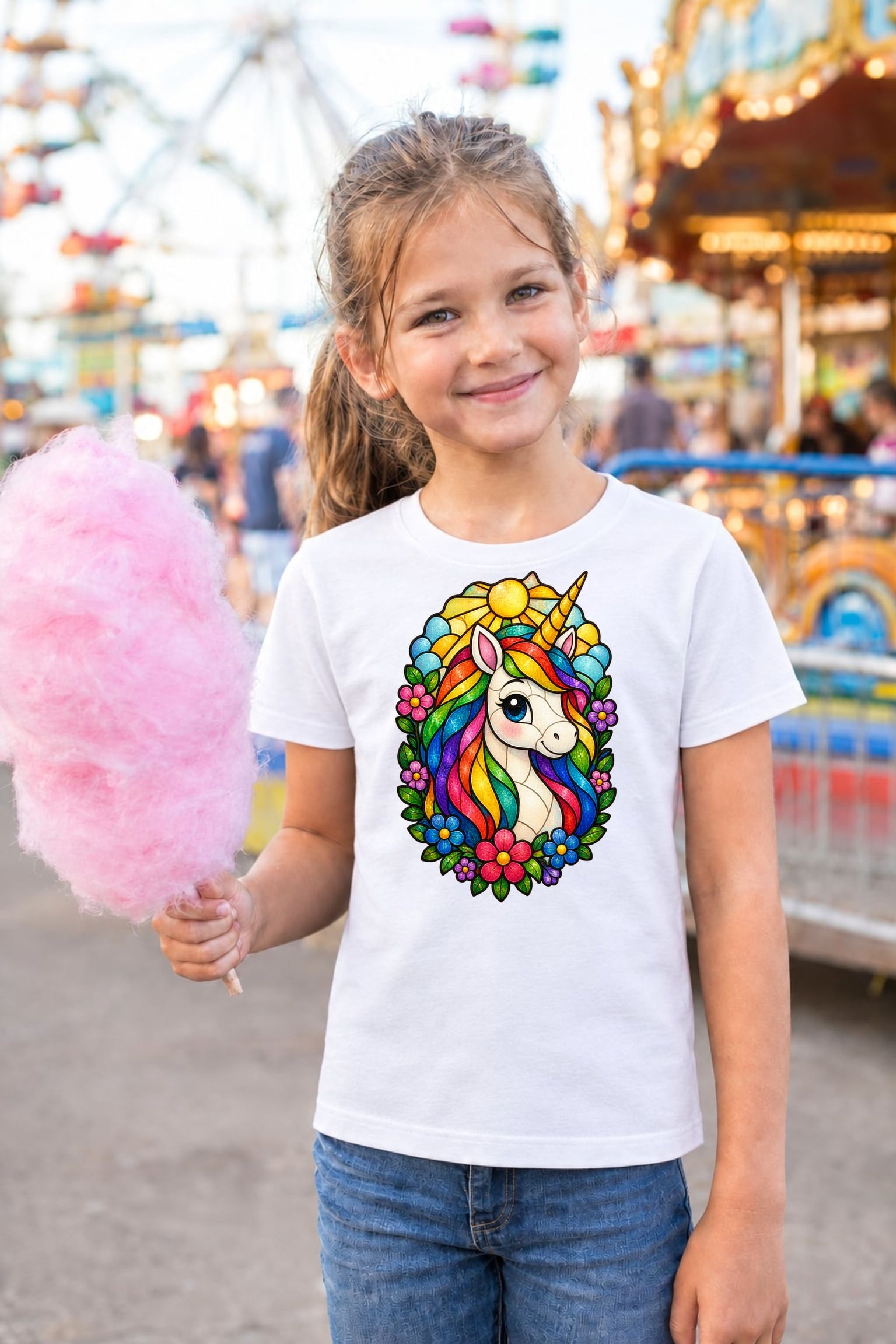 Koszulka T shirt z jednorożcem dla dziewczynki biała witrażowe kolorowe, zdjęcie 7