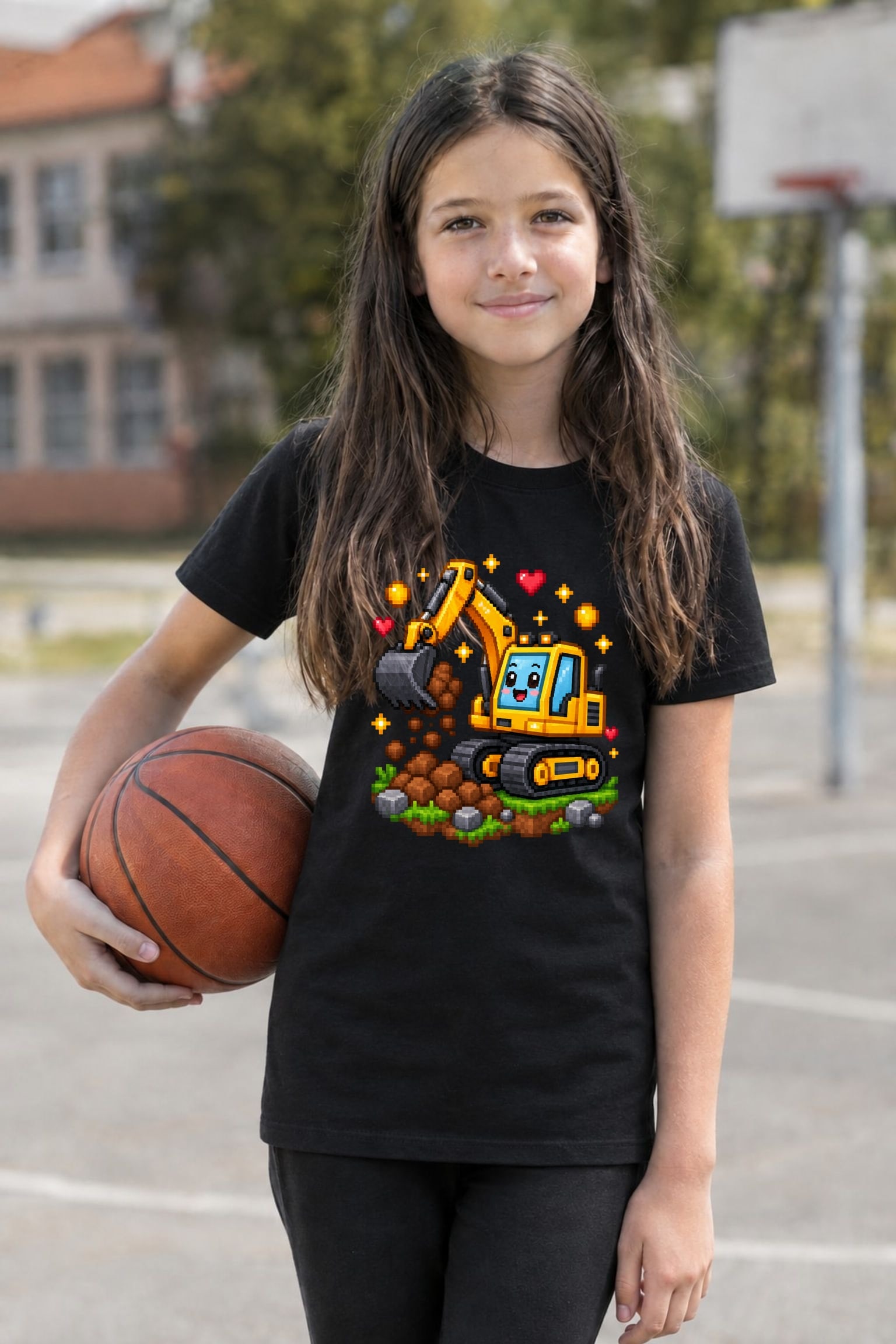 Koszulka z koparkami dla dziewczynki czarna blokowy styl pixel art prezent, zdjęcie 7