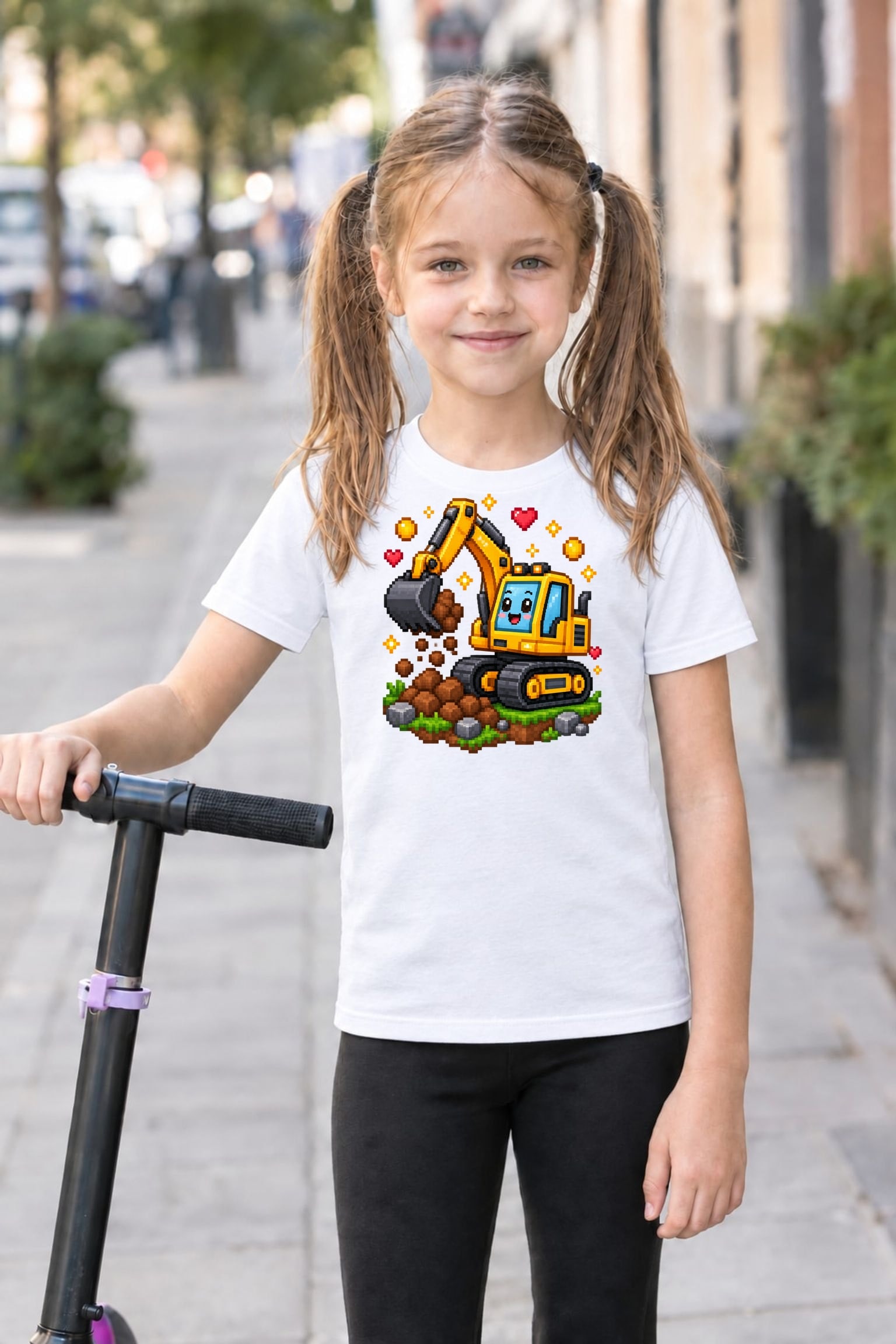 Koszulka z koparkami dla dziewczynki biała blokowy styl pixel art prezent, zdjęcie 8