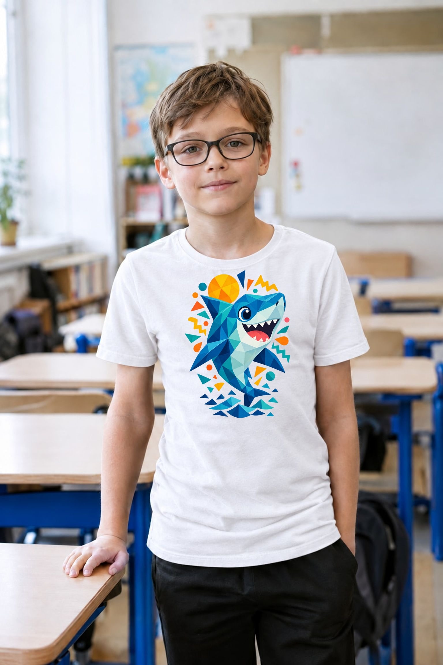 Koszulka z rekinem dla chłopca biała geometryczne trójkąty dla dzieci, zdjęcie 3