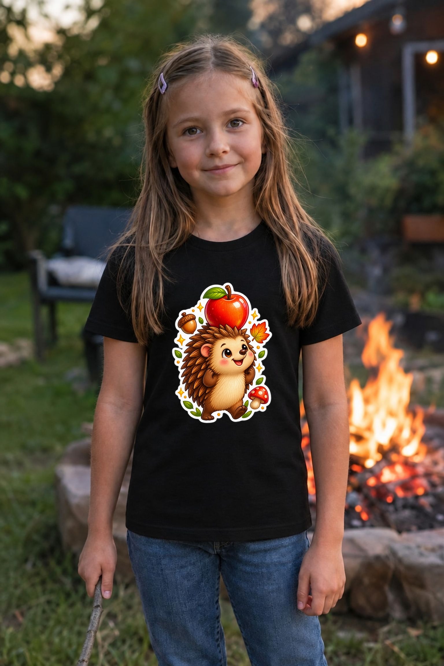 Koszulka z jeżem dla dziewczynki czarna błyszcząca naklejka, zdjęcie 4