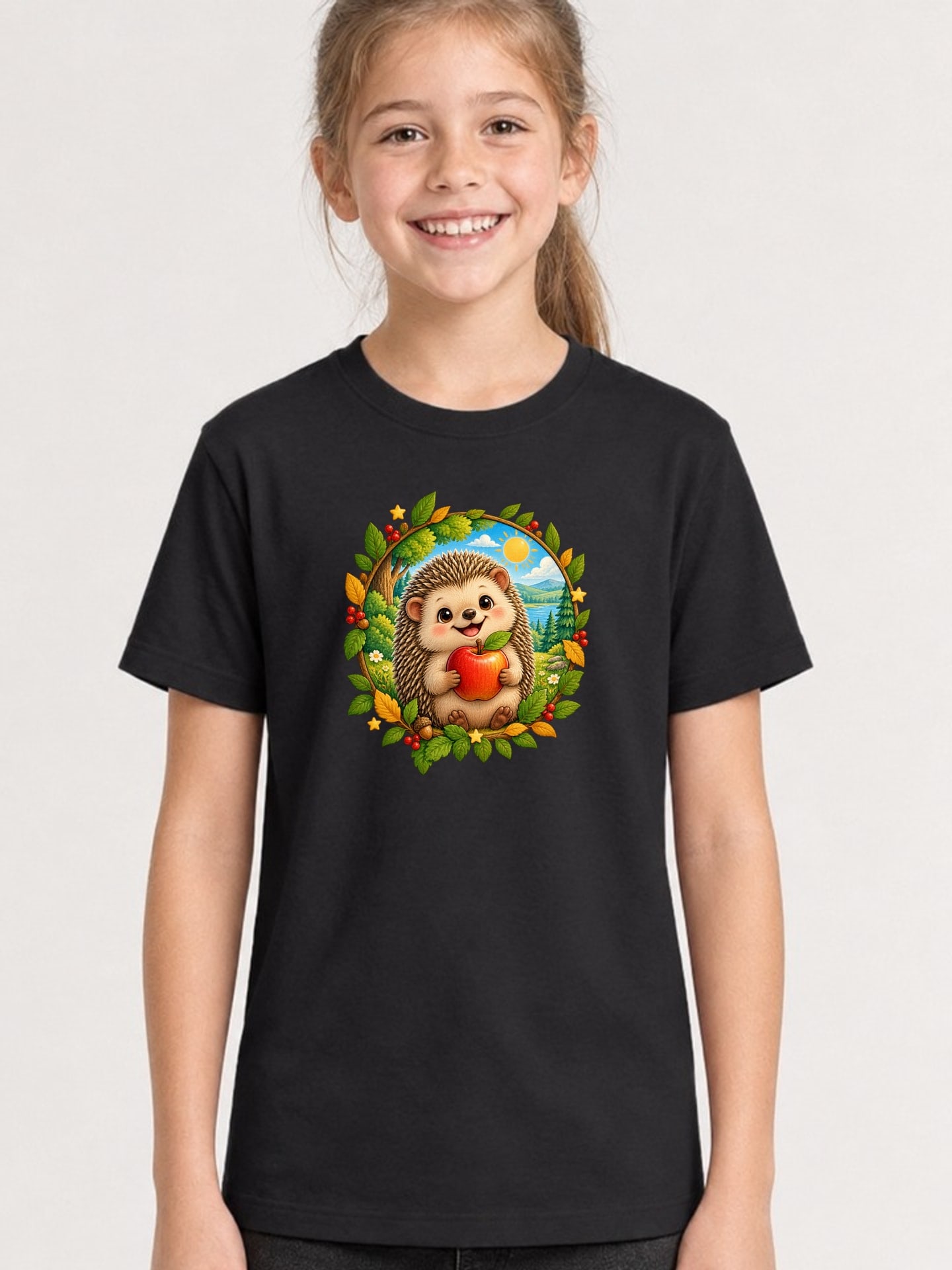 Koszulka z jeżykiem dla dziewczynki czarna okrągła odznaka leśna, zdjęcie 1