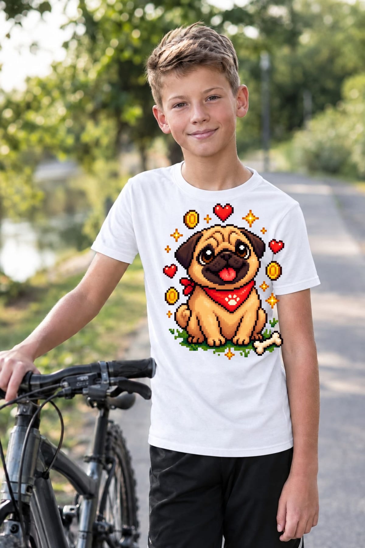 Koszulka dziecięca z mopsem dla chłopca biała retro pixel art, zdjęcie 3