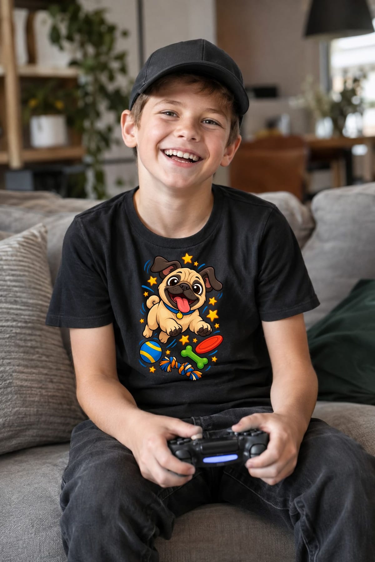 Koszulka dla chłopca z mopsem czarna wesoła bajkowa scena, zdjęcie 3