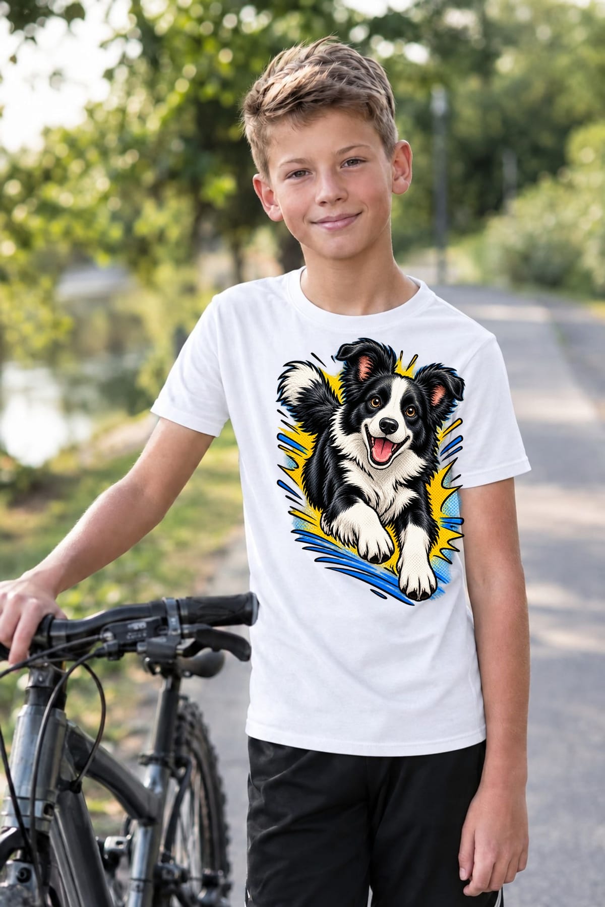 Koszulka dla chłopca z border collie biała komiksowe linie prędkości, zdjęcie 4