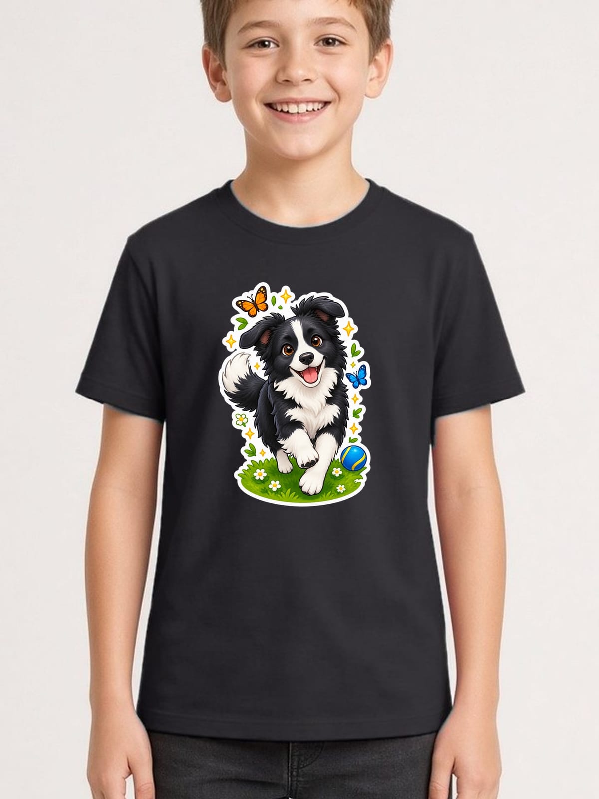 Koszulka z border collie dla chłopca czarna efekt naklejki, zdjęcie 1