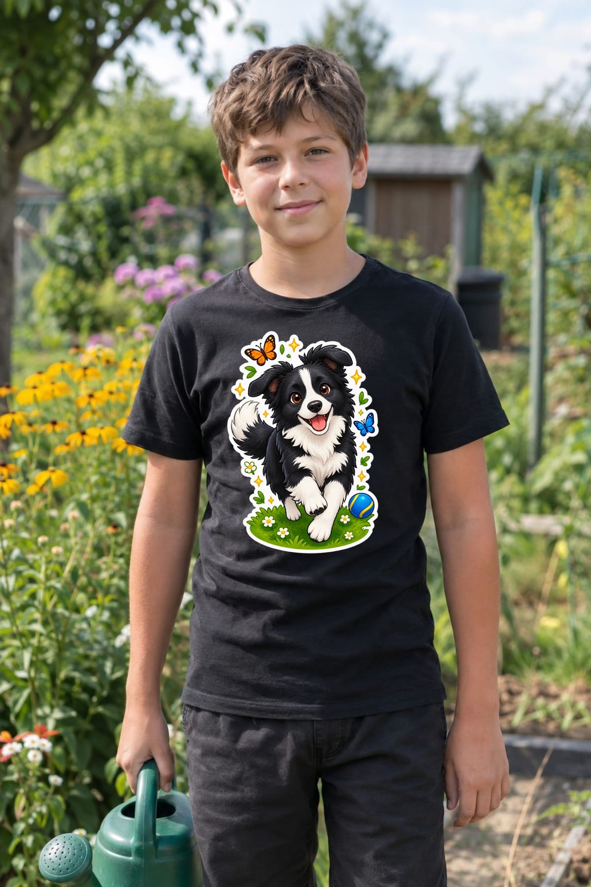 Koszulka z border collie dla chłopca czarna efekt naklejki, zdjęcie 6