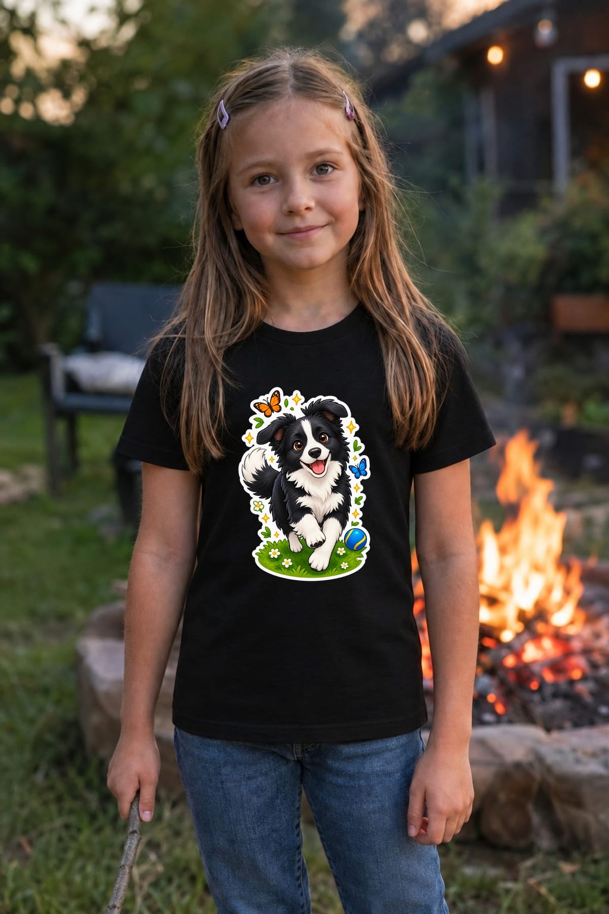 Koszulka z border collie dla dziewczynki czarna efekt naklejki, zdjęcie 4