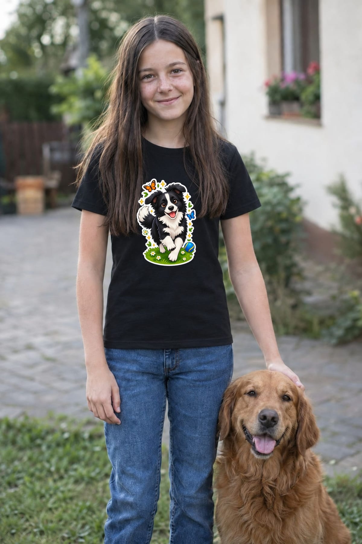 Koszulka z border collie dla dziewczynki czarna efekt naklejki, zdjęcie 5