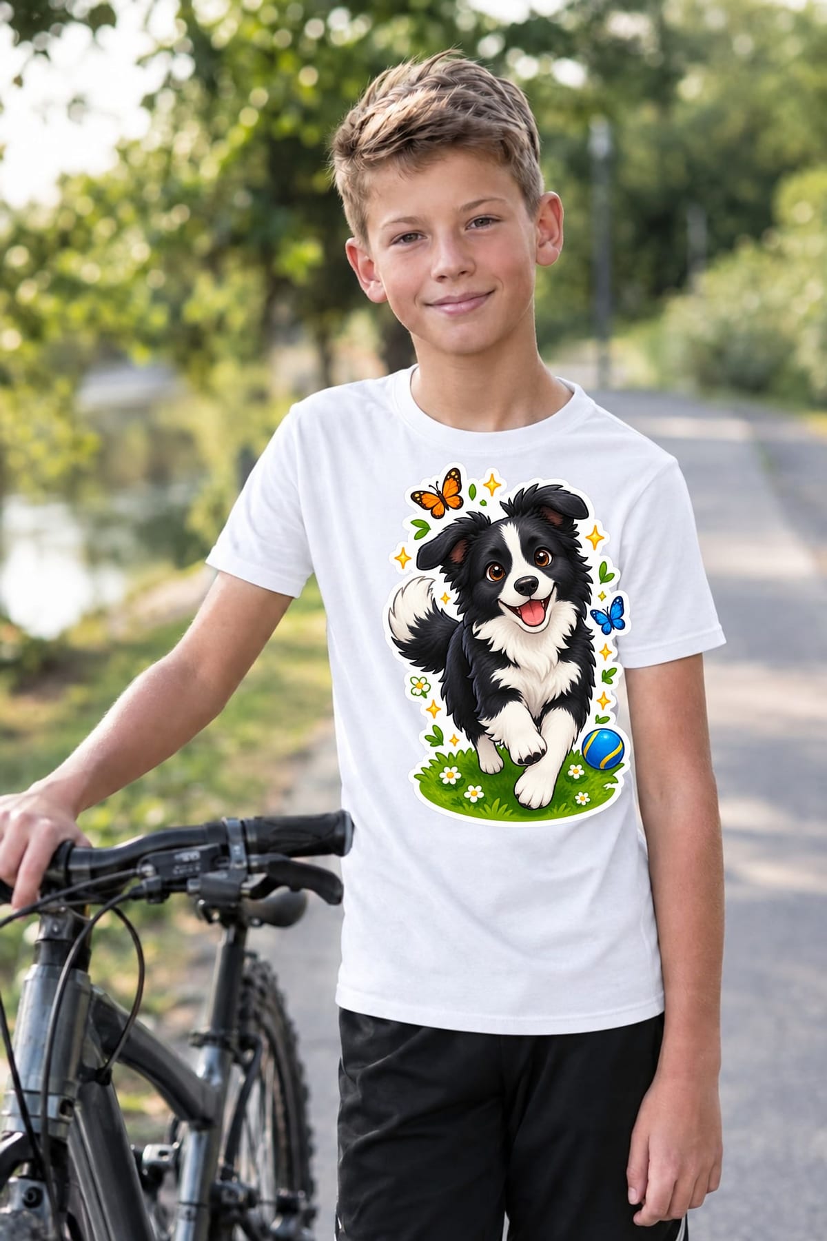 Koszulka z border collie dla chłopca biała efekt naklejki, zdjęcie 4