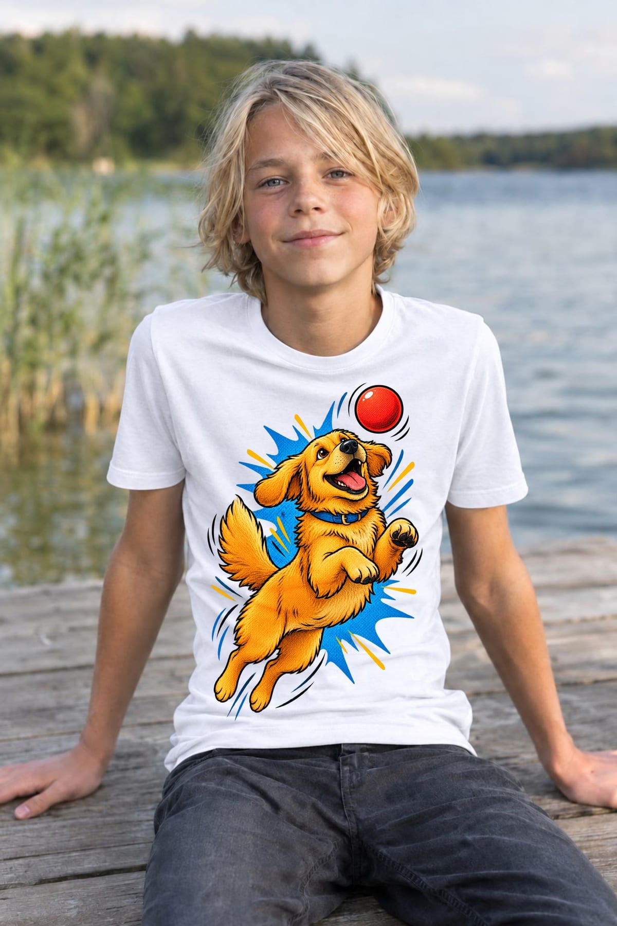 Koszulka dla chłopca z golden retrieverem biała komiksowy styl, zdjęcie 7