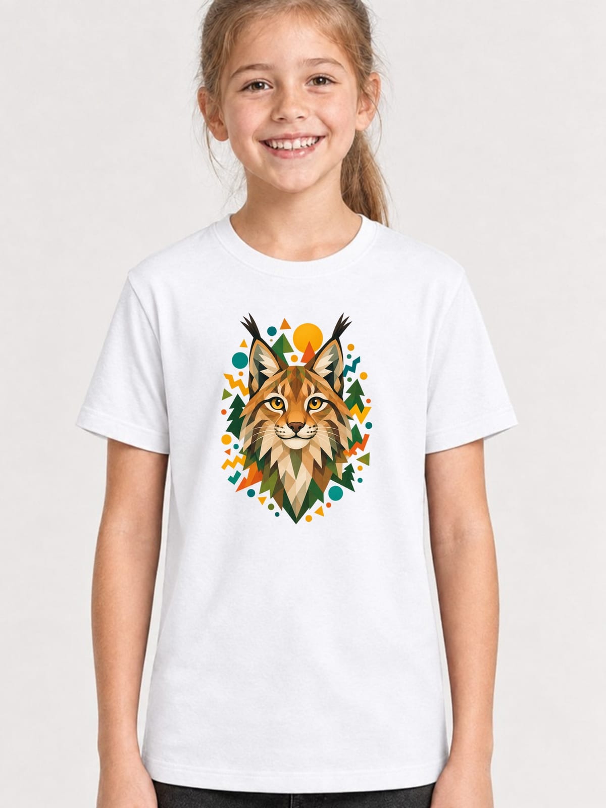 Koszulka z rysiem dla dziewczynki biała geometryczne kształty, zdjęcie 1