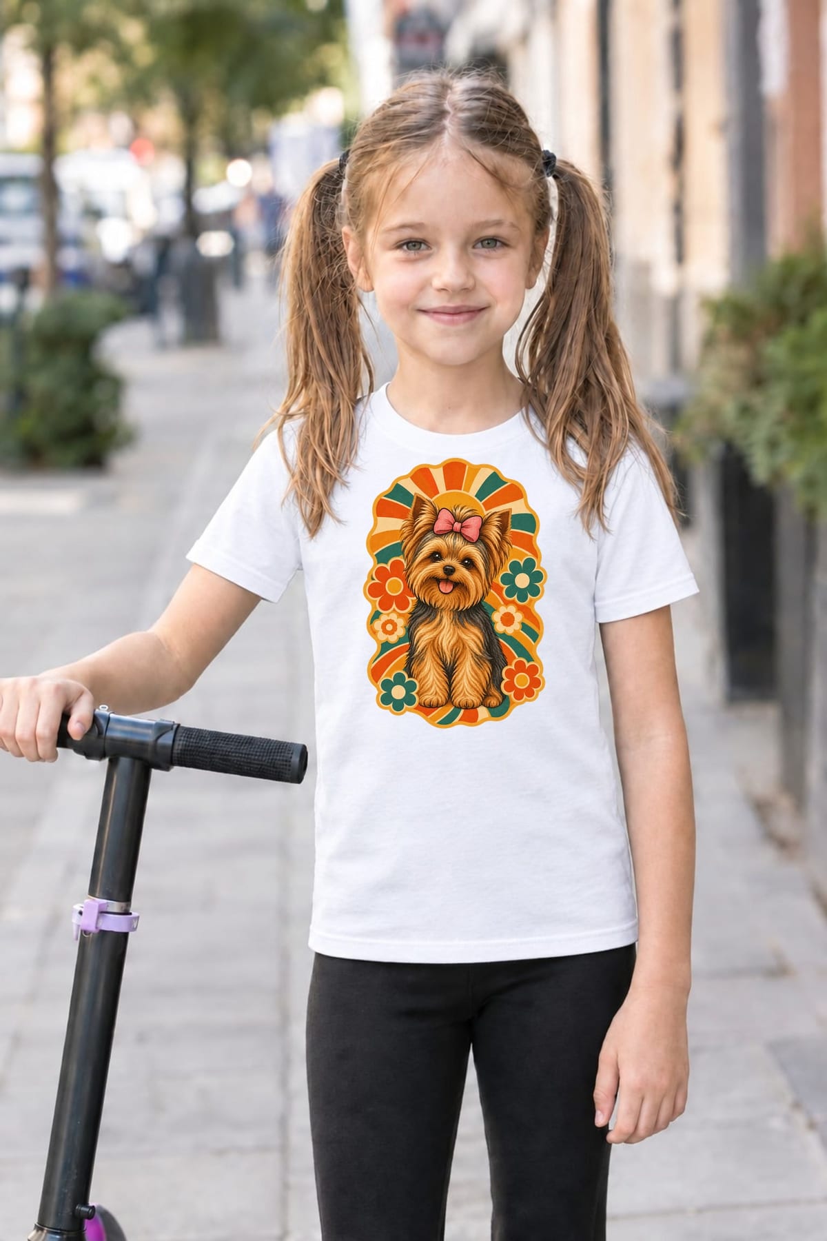 Koszulka z yorkiem dla dziewczynki biała kolory retro lata 70, zdjęcie 7
