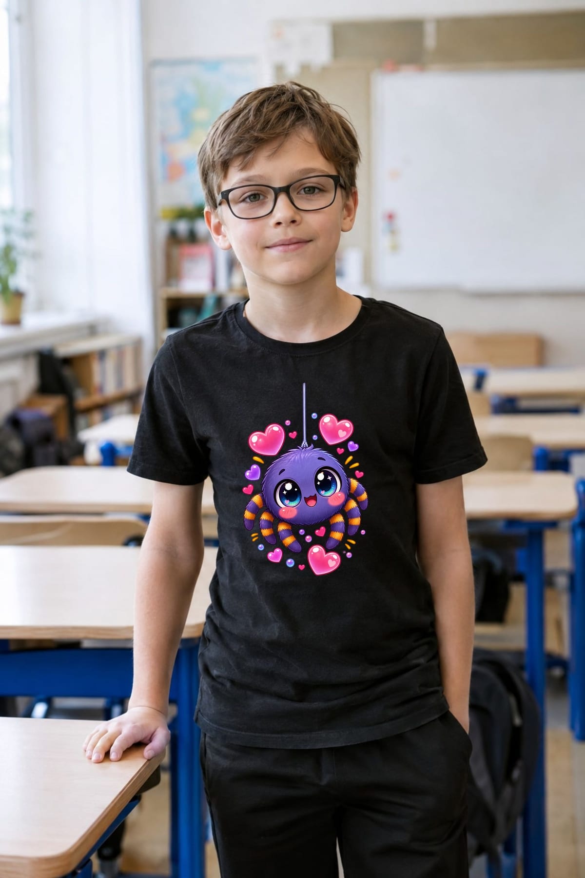 Koszulka z pająkiem dla chłopca czarna słodki styl kawaii, zdjęcie 7