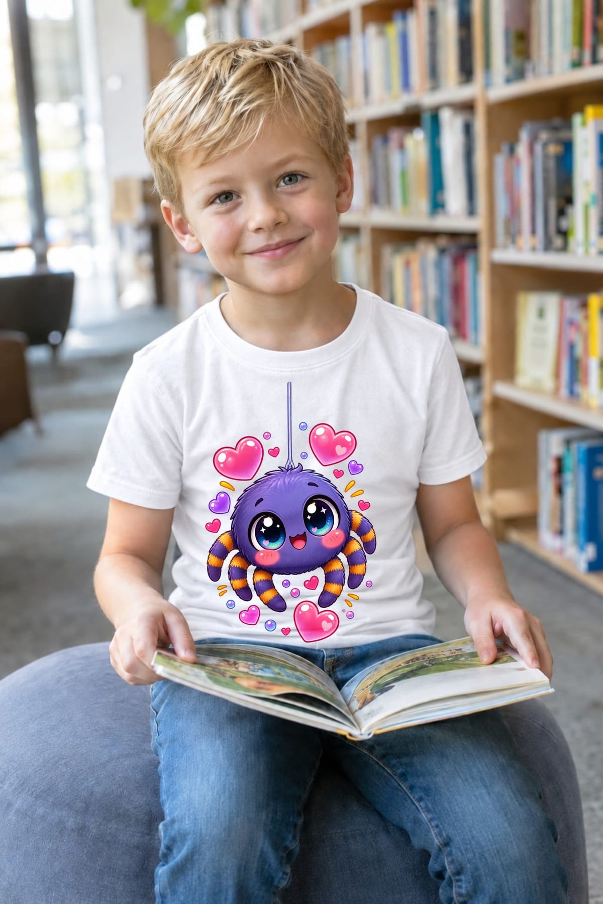 Koszulka z pająkiem dla chłopca biała słodki styl kawaii, zdjęcie 5