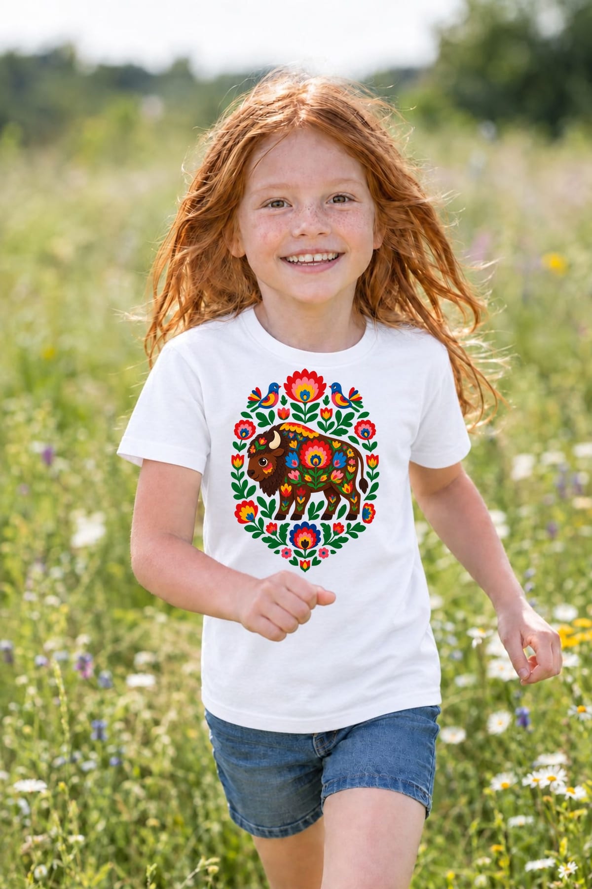 Koszulka dla dziewczynki z żubrem biała ludowa wycinanka, zdjęcie 7