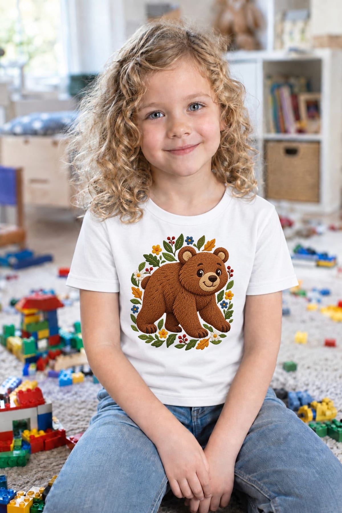 Koszulka z misiem dla dziewczynki biała w stylu haftu, zdjęcie 6