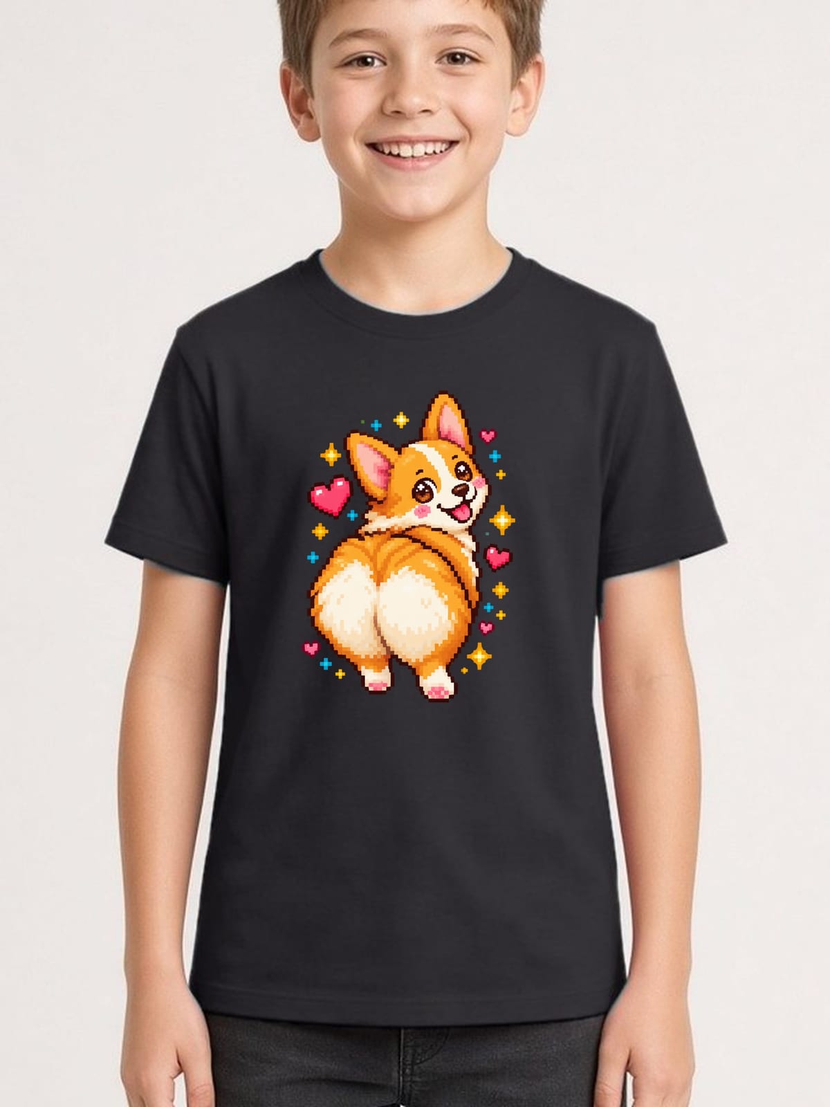 Koszulka z corgi dla chłopca czarna pixel art retro styl, zdjęcie 1
