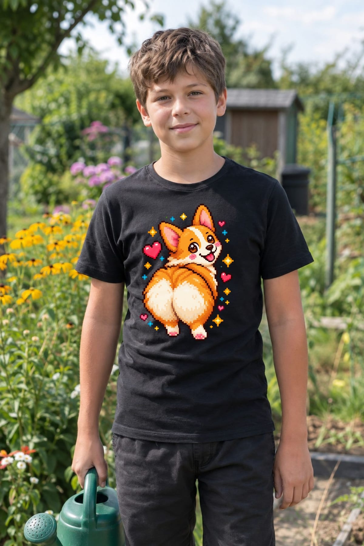 Koszulka z corgi dla chłopca czarna pixel art retro styl, zdjęcie 5