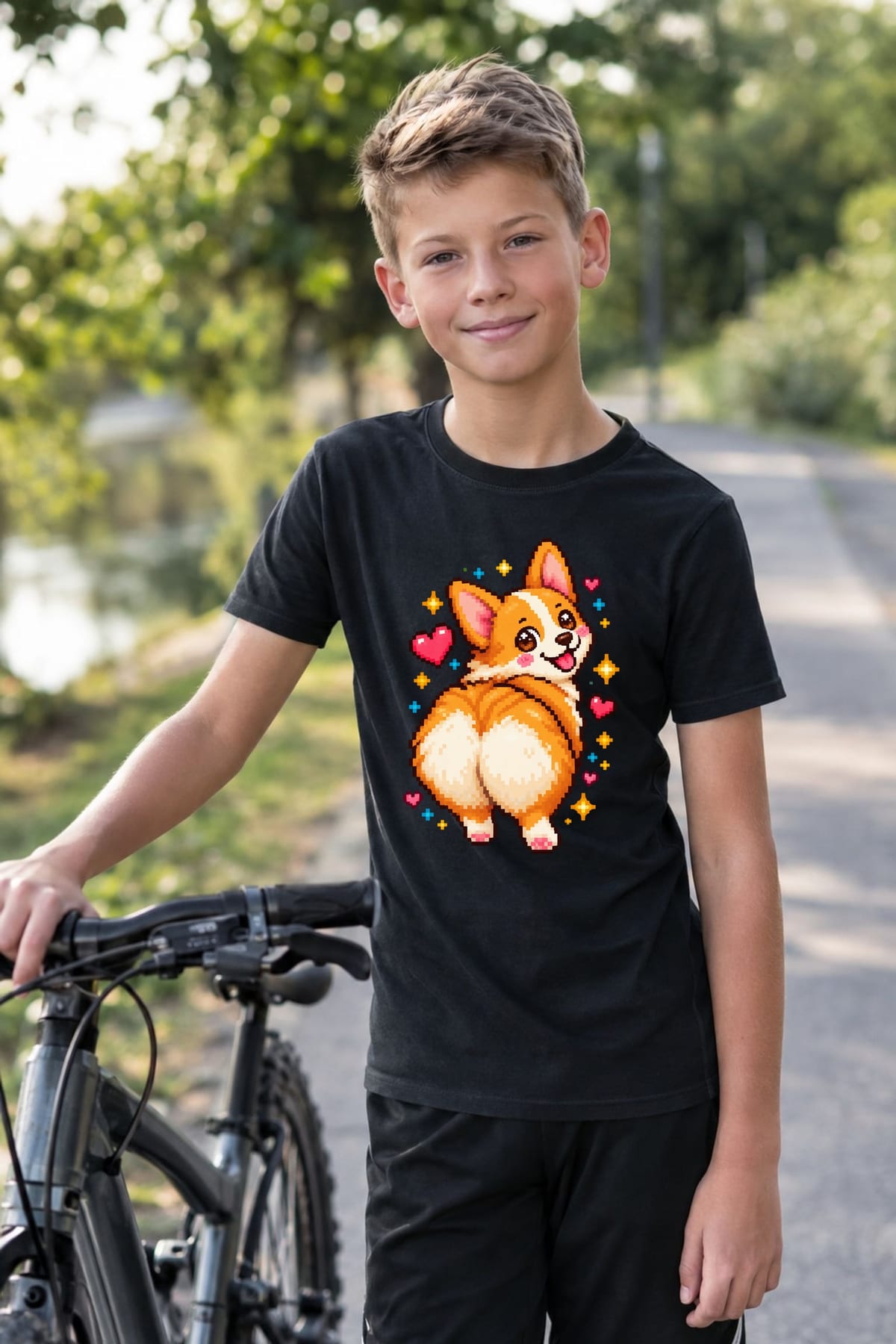 Koszulka z corgi dla chłopca czarna pixel art retro styl, zdjęcie 6