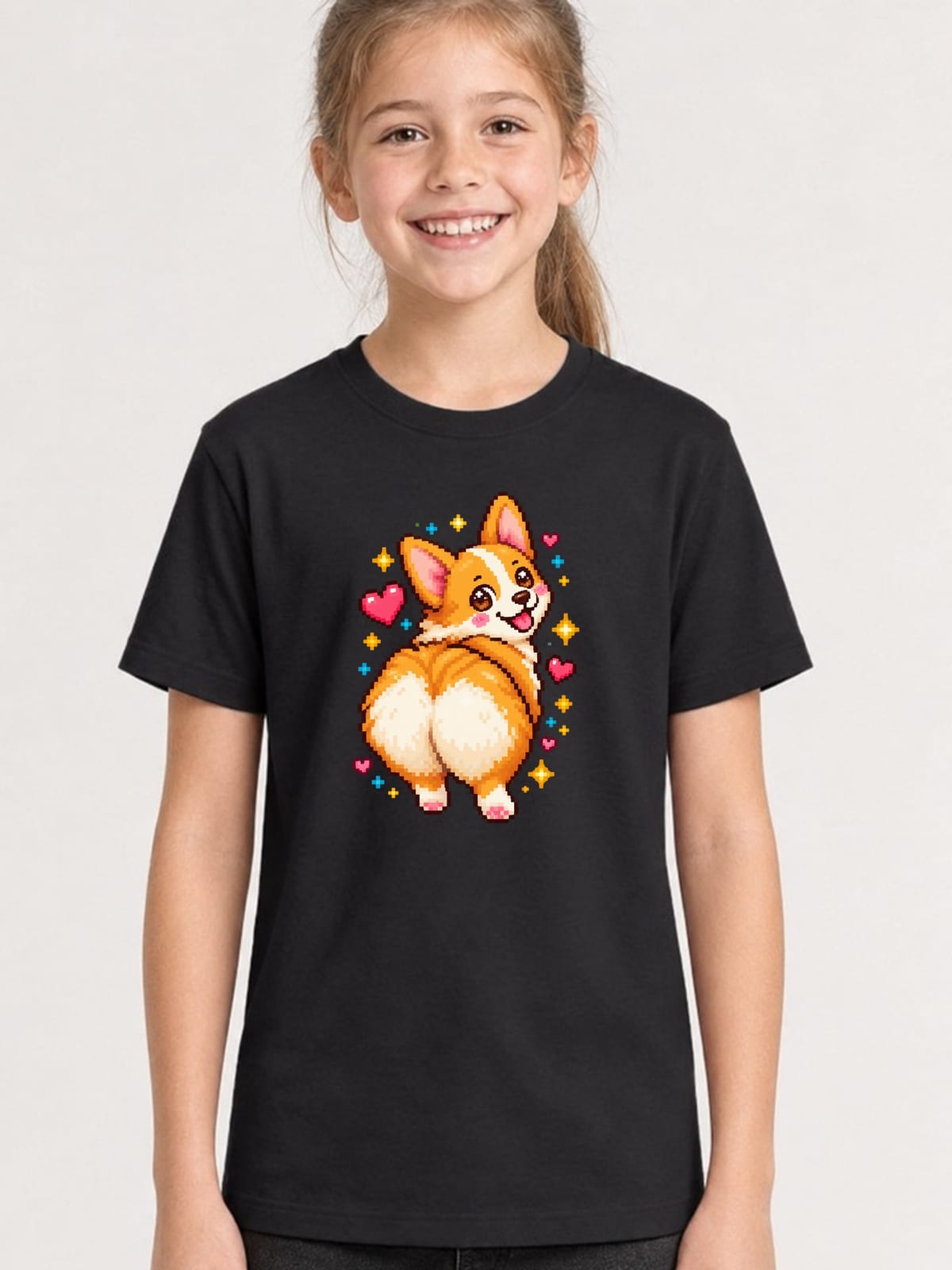 Koszulka z corgi dla dziewczynki czarna pixel art retro styl, zdjęcie 1