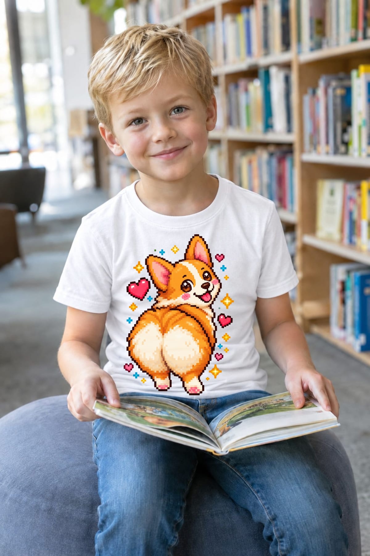Koszulka z corgi dla chłopca biała pixel art retro styl, zdjęcie 3
