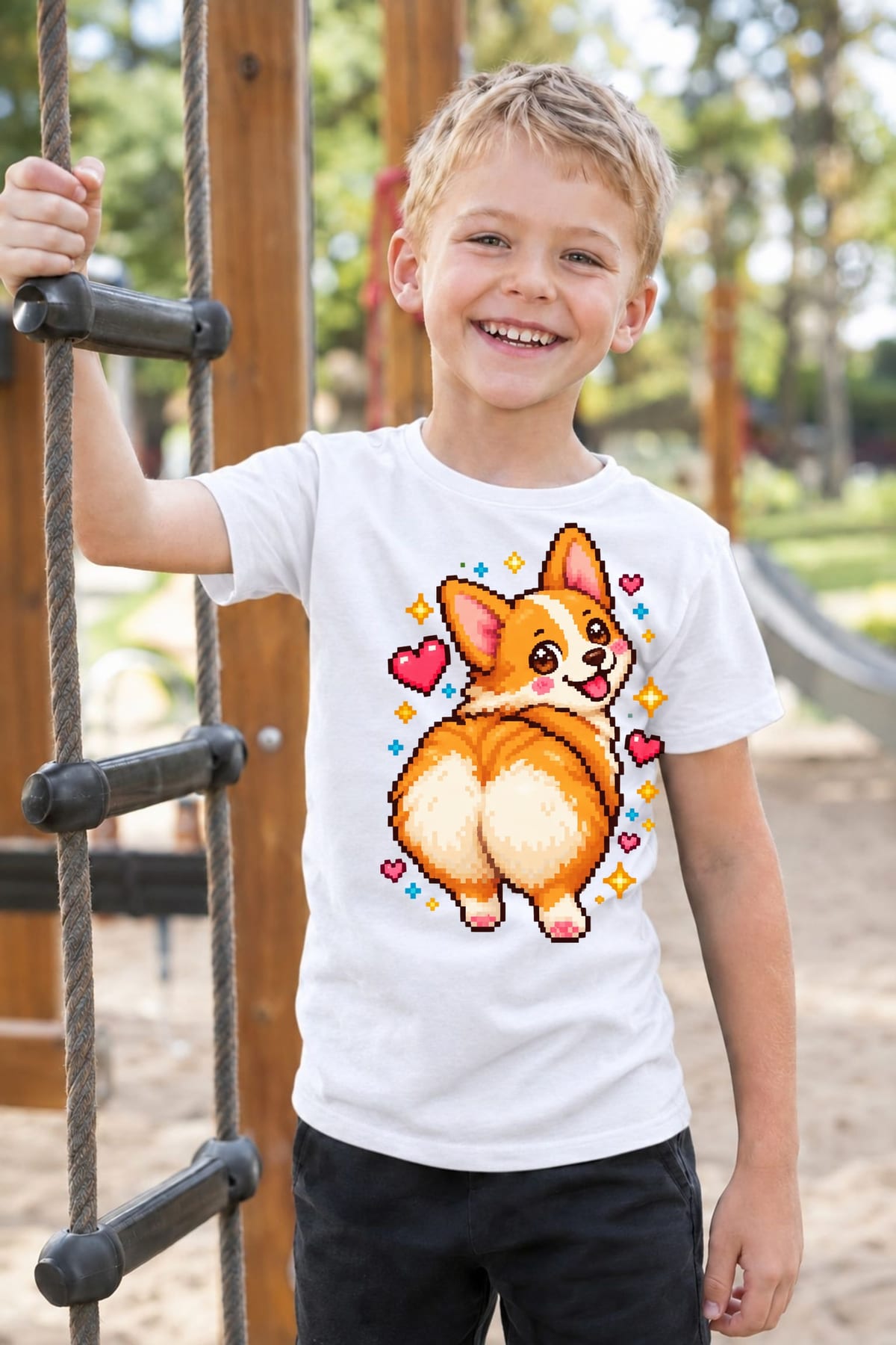 Koszulka z corgi dla chłopca biała pixel art retro styl, zdjęcie 4