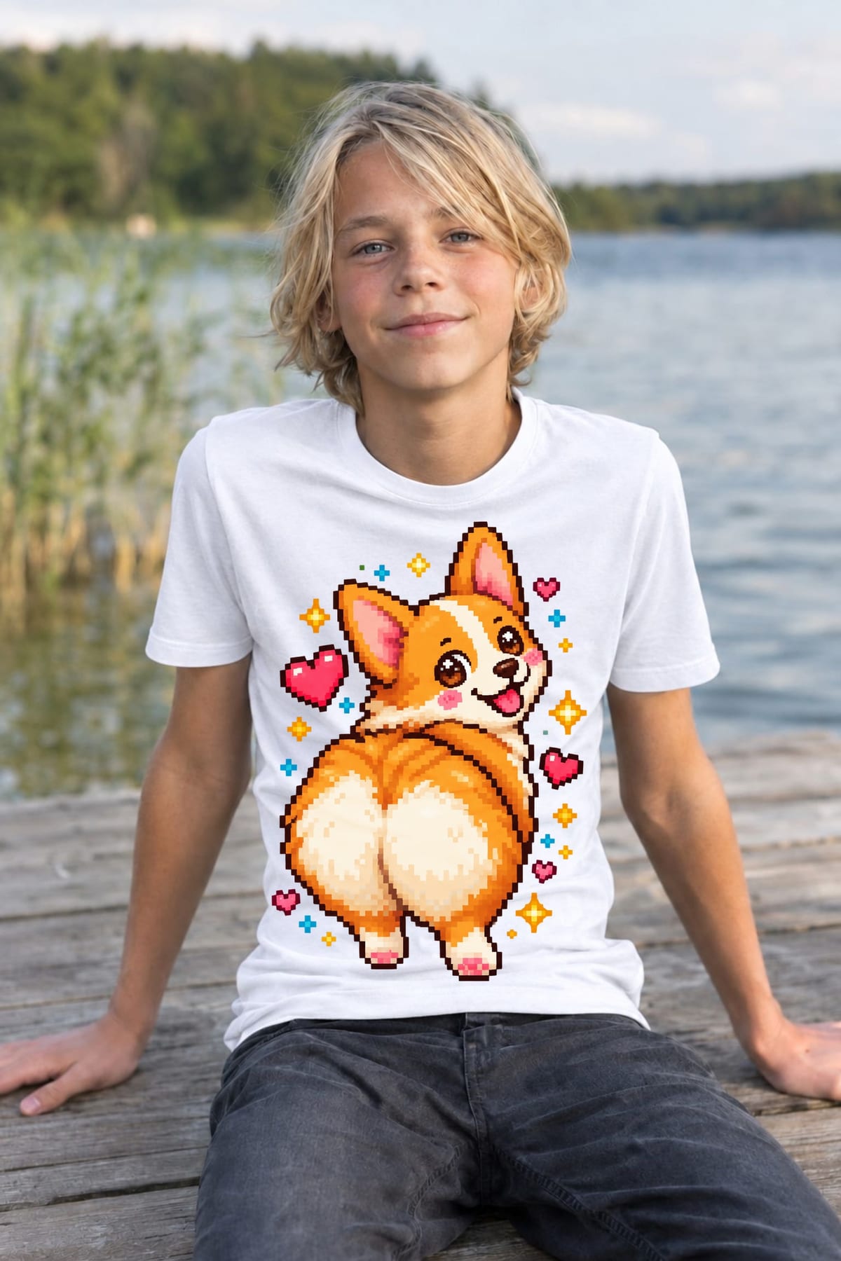Koszulka z corgi dla chłopca biała pixel art retro styl, zdjęcie 5