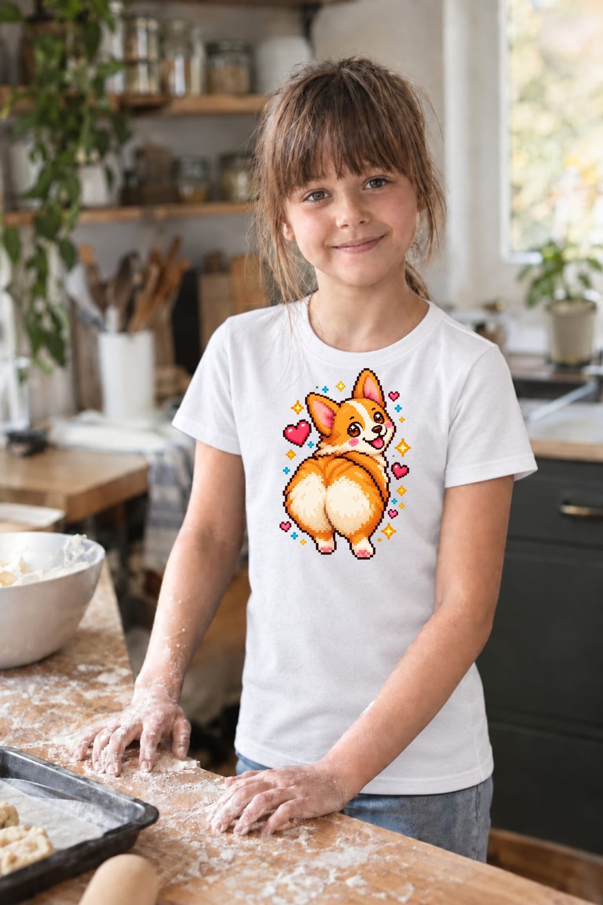 Koszulka z corgi dla dziewczynki biała pixel art retro styl, zdjęcie 4