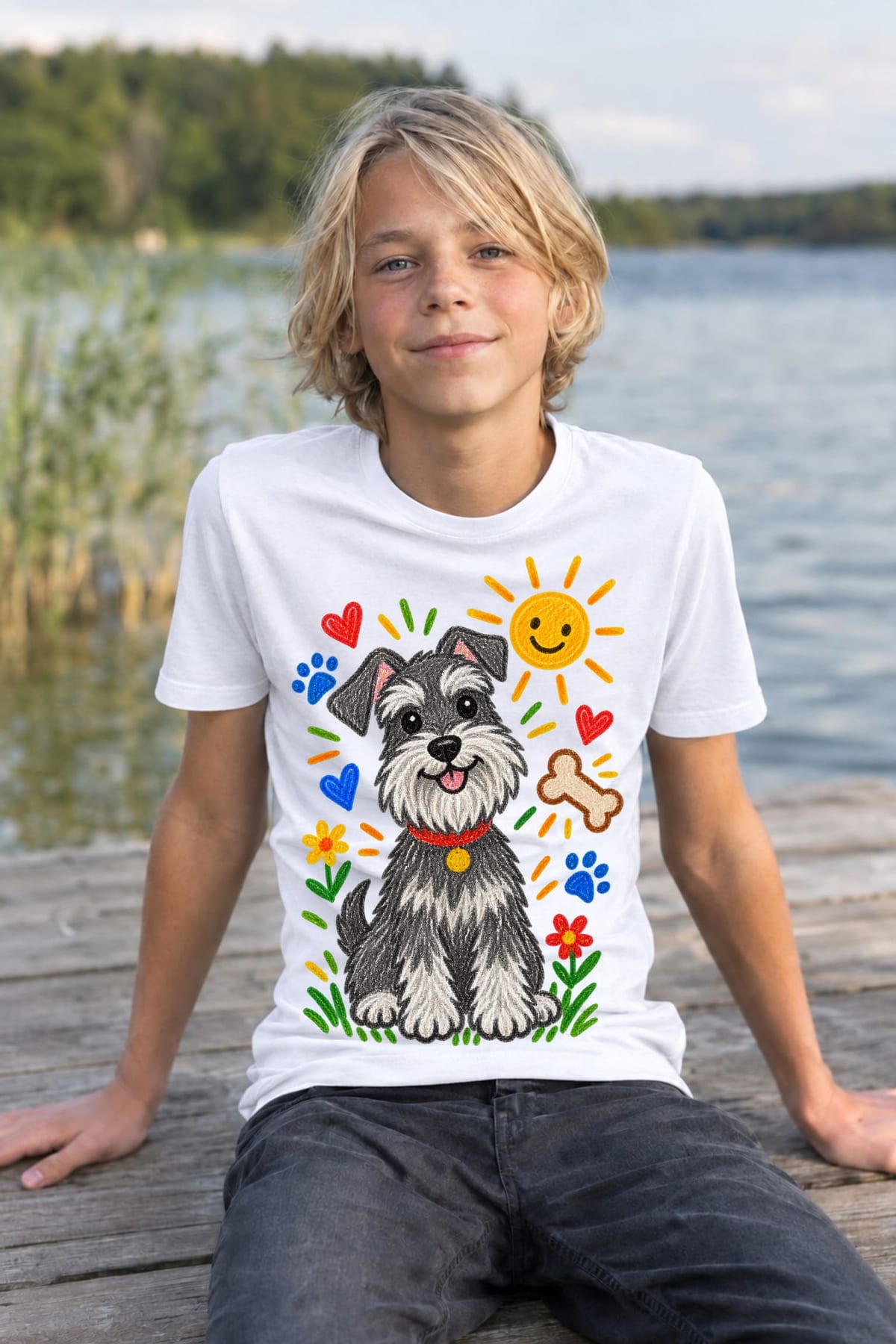 Koszulka ze sznaucerem rysunek dla chłopca biała kredki, zdjęcie 5