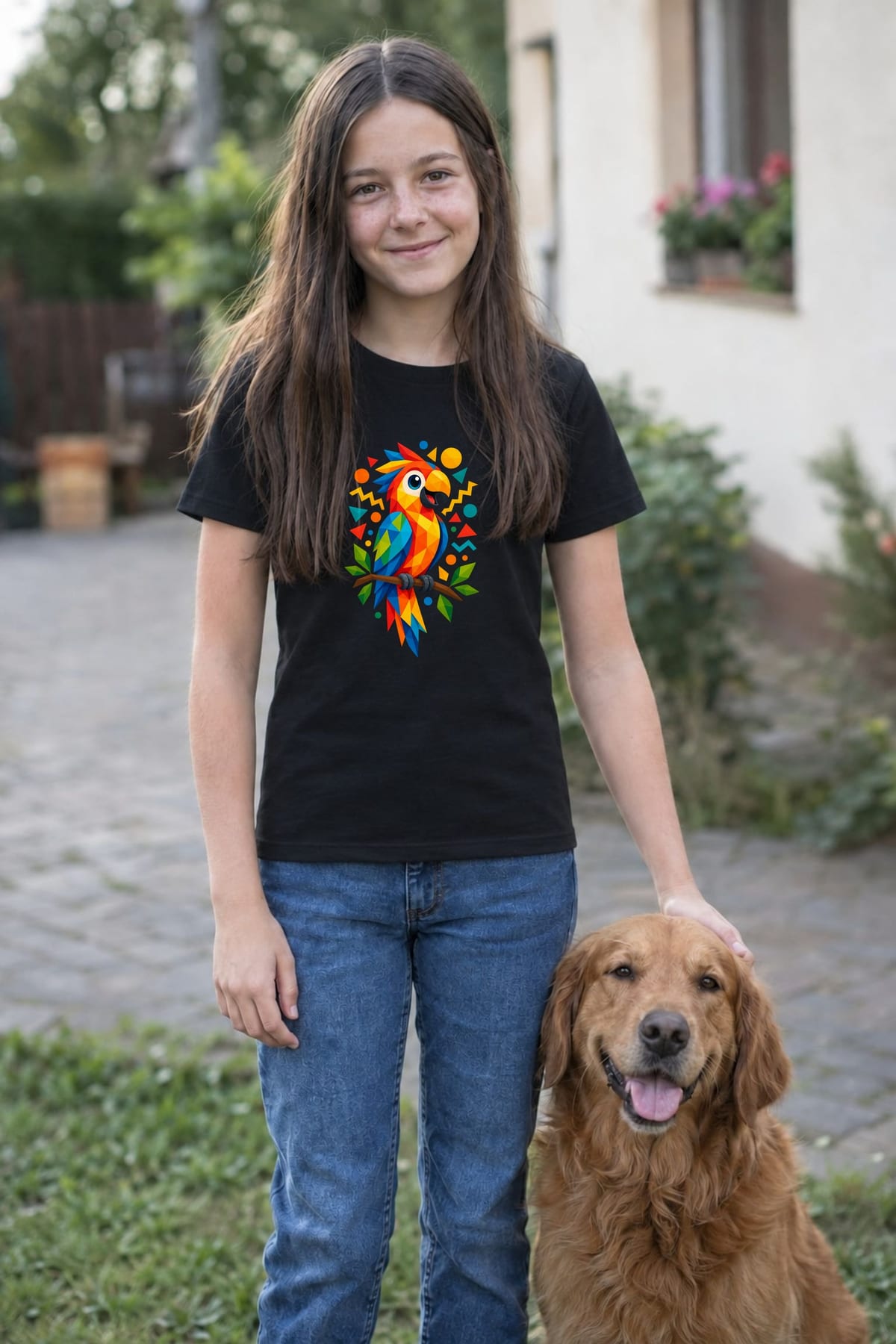 Koszulka z papugą dla dziewczynki czarna geometryczne kształty, zdjęcie 5