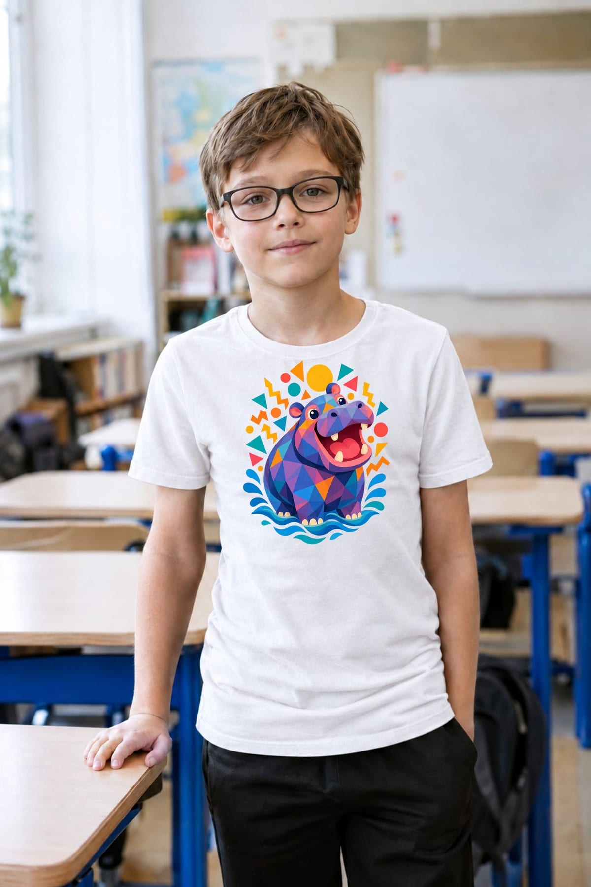 Koszulka safari hipopotam dla chłopca biała geometryczne kształty, zdjęcie 6