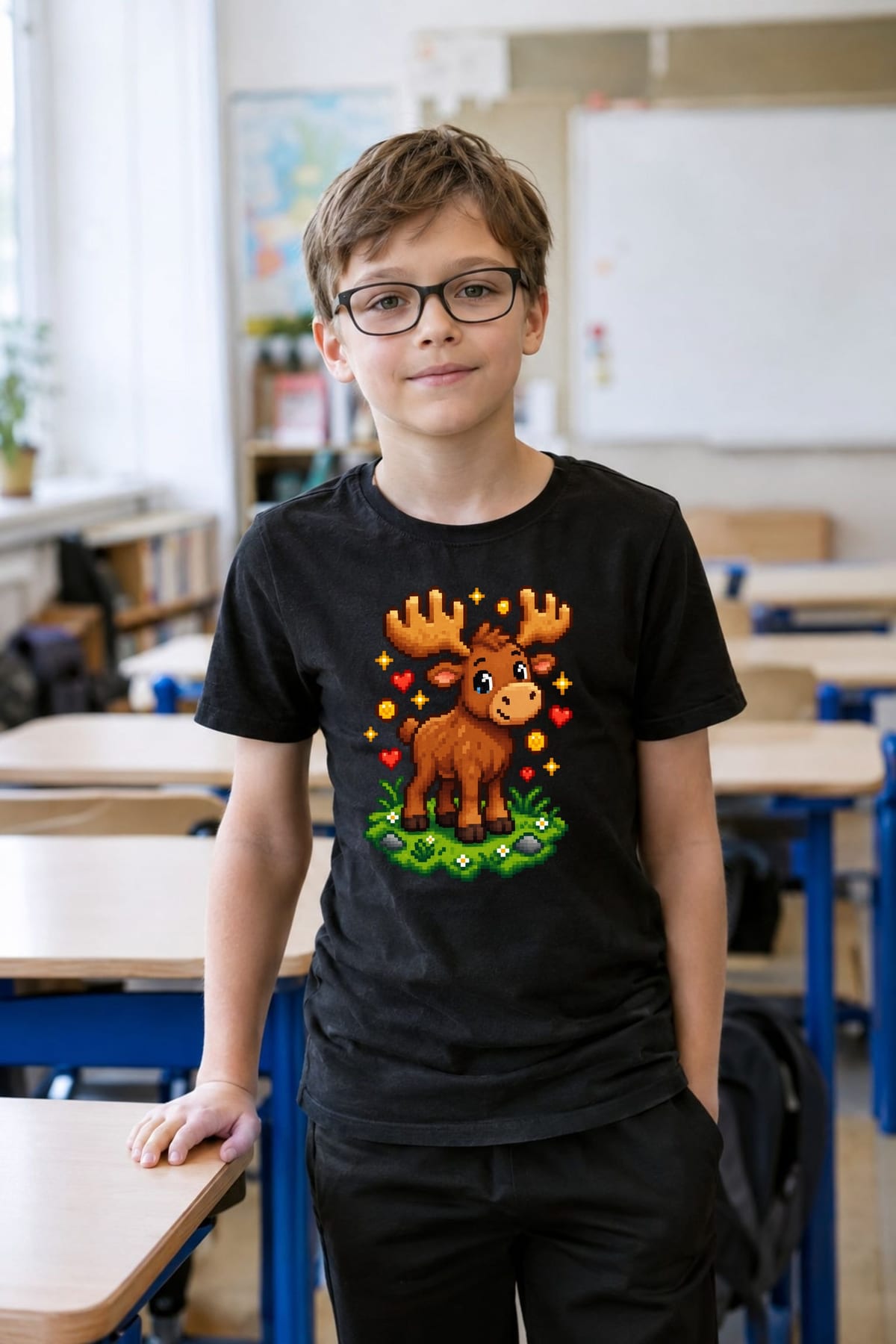 Koszulka z łosiem dla chłopca czarna retro pixel art, zdjęcie 7