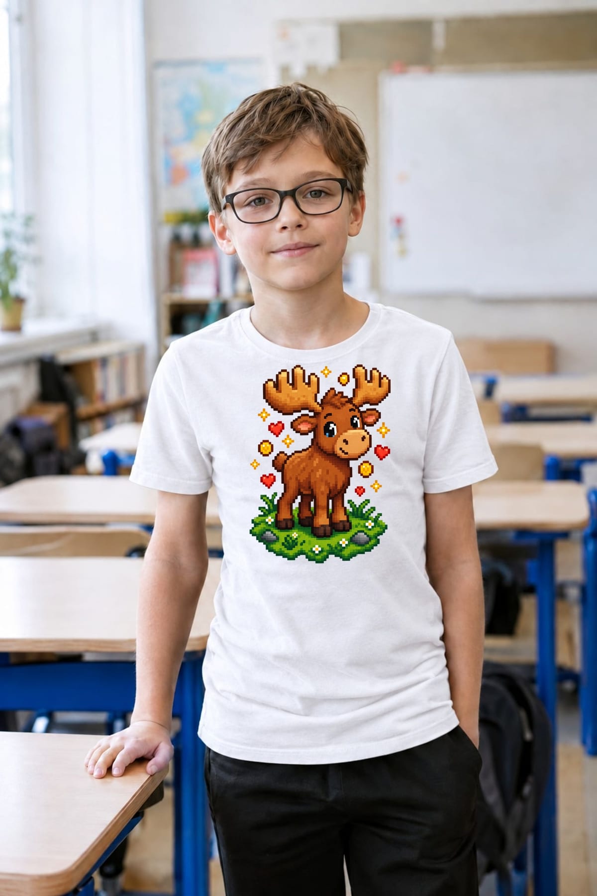 Koszulka z łosiem dla chłopca biała retro pixel art, zdjęcie 7