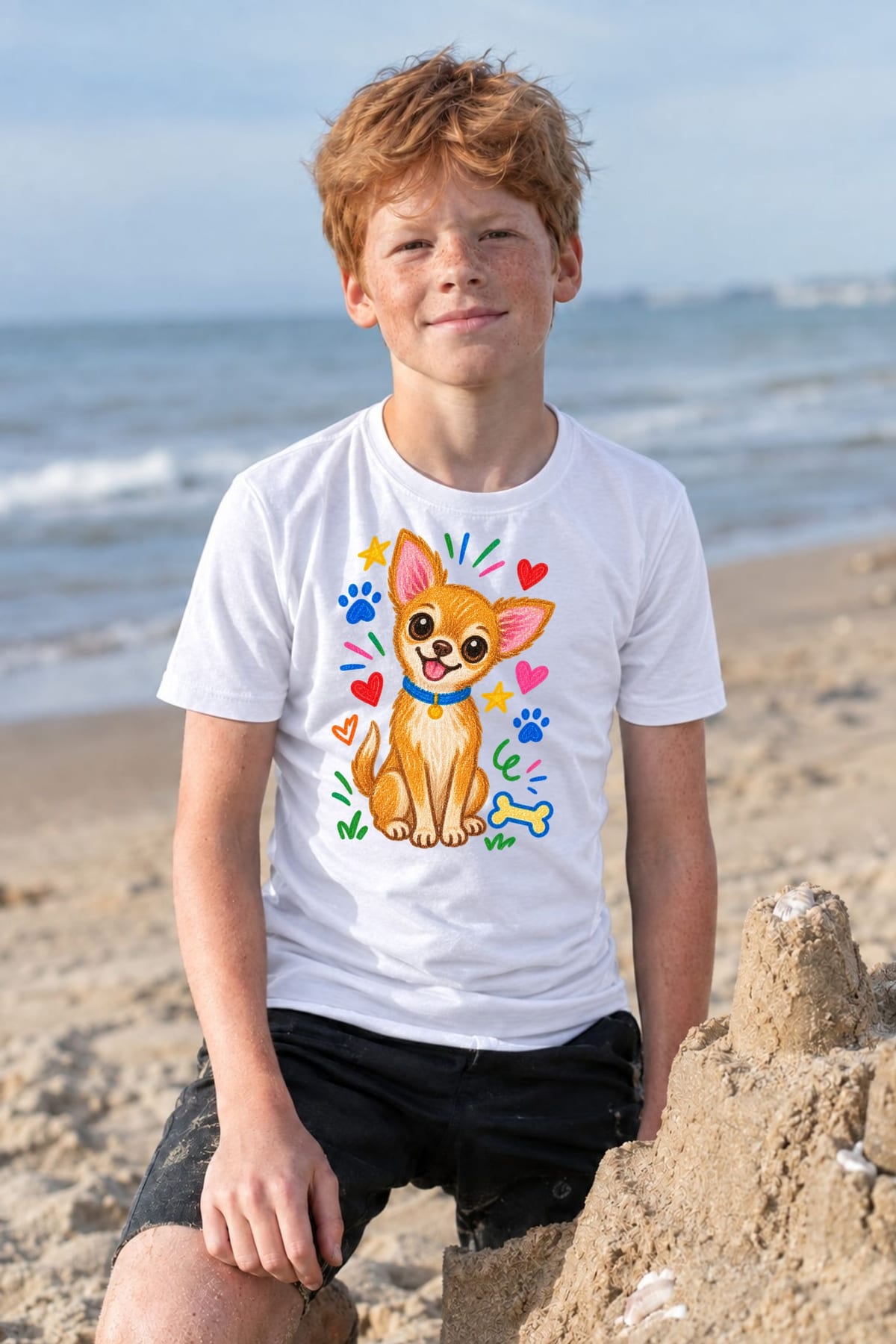 Koszulka z chihuahua dla chłopca biała rysunek kredkami, zdjęcie 6