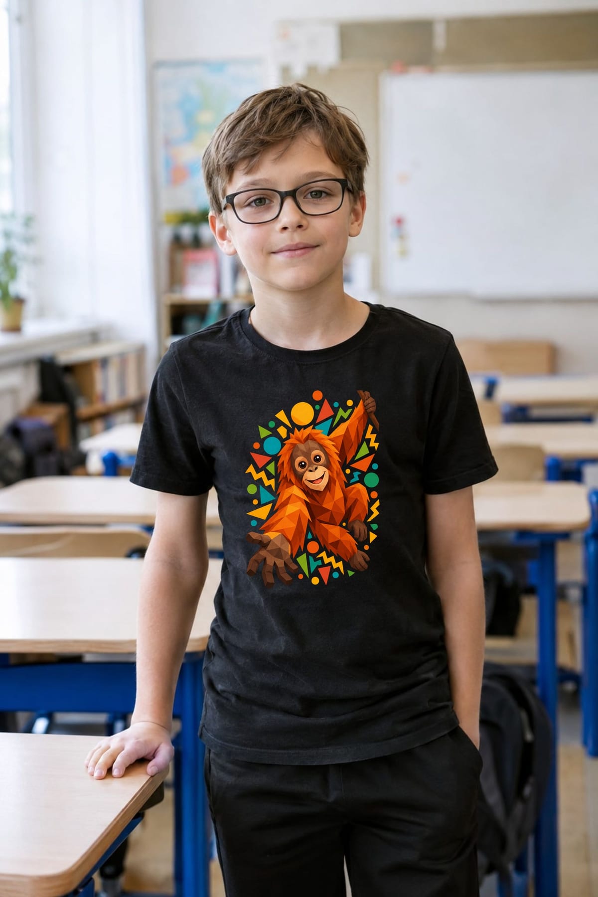 Koszulka z orangutanem dla chłopca czarna geometryczne kształty, zdjęcie 7