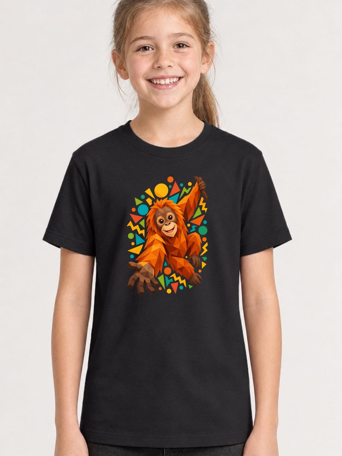 Koszulka z orangutanem dla dziewczynki czarna geometryczne kształty, zdjęcie 1