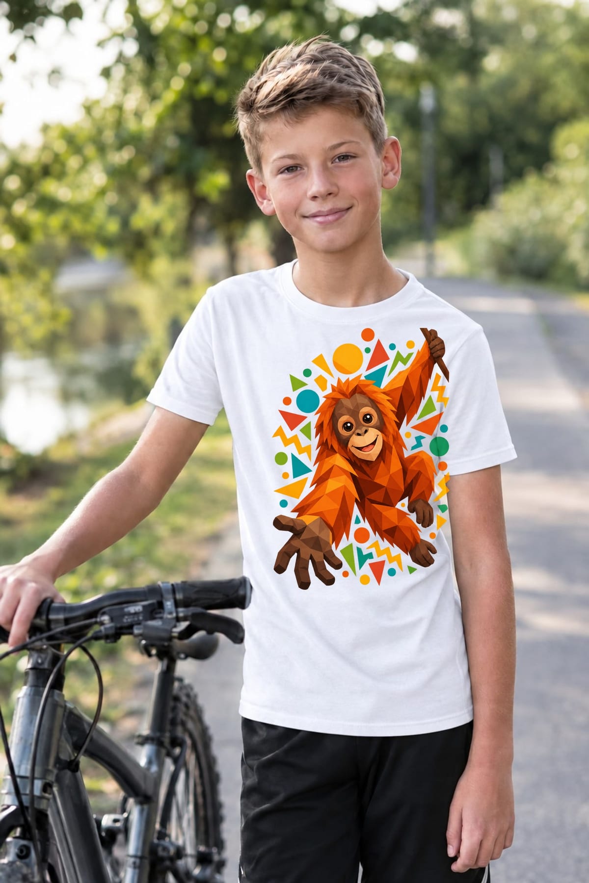 Koszulka z orangutanem dla chłopca biała geometryczne kształty, zdjęcie 4