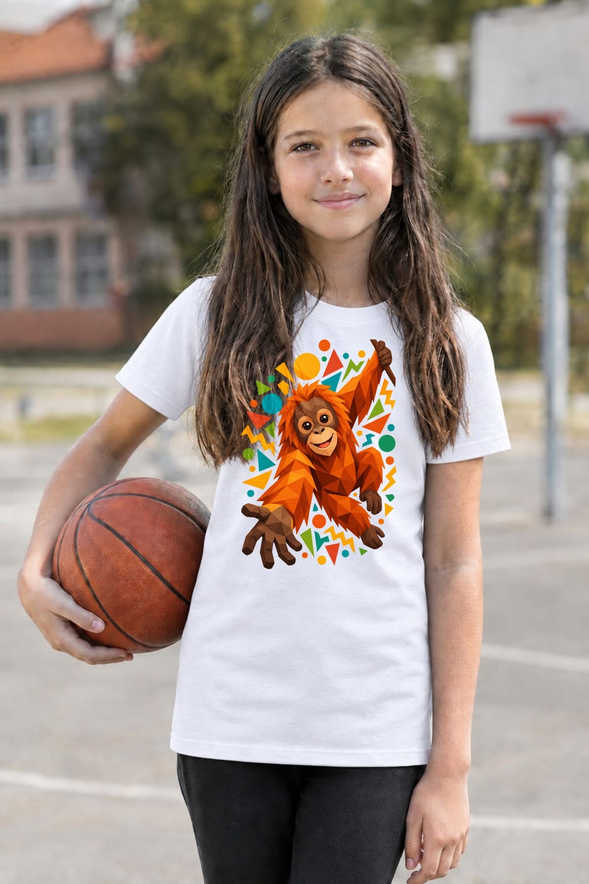 Koszulka z orangutanem dla dziewczynki biała geometryczne kształty, zdjęcie 7