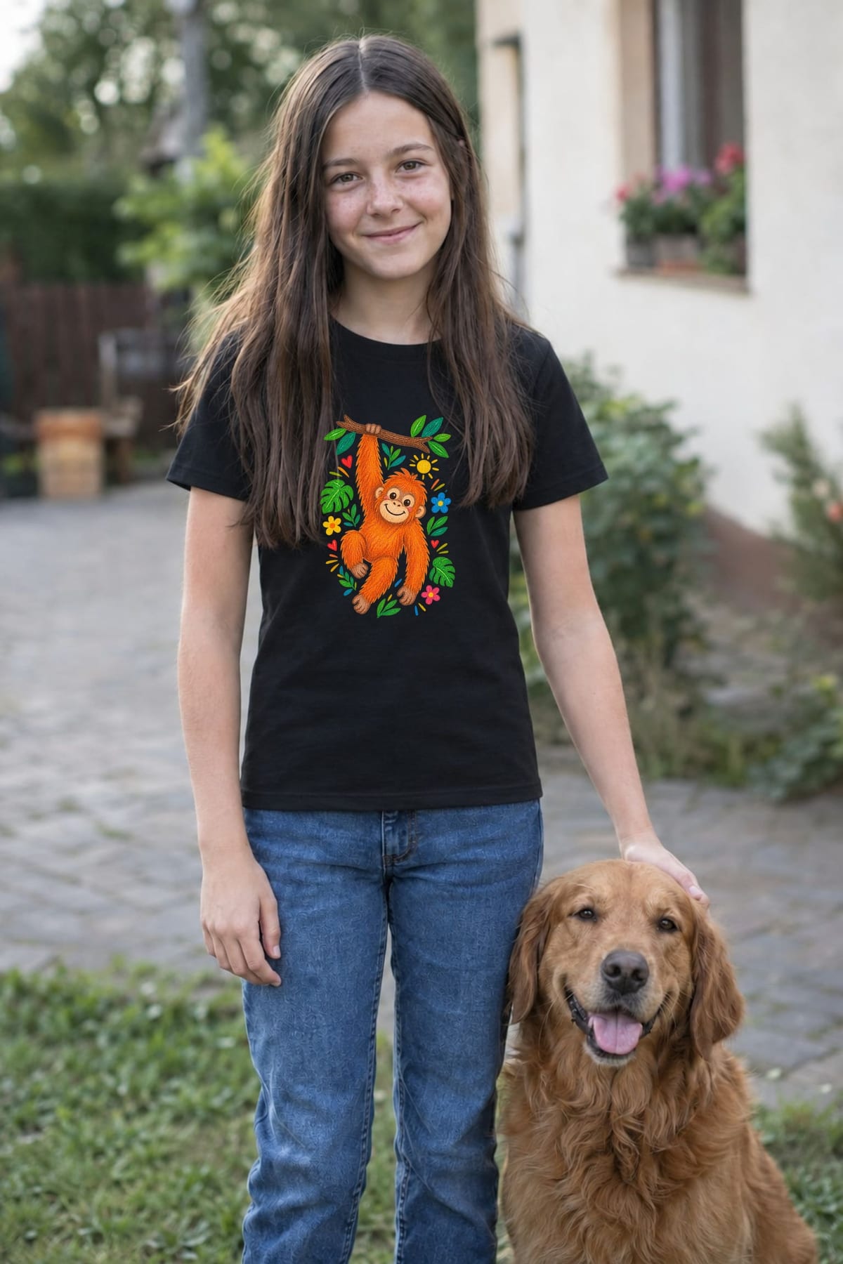 Koszulka z orangutanem dla dziewczynki czarna rysunek kredkami, zdjęcie 4