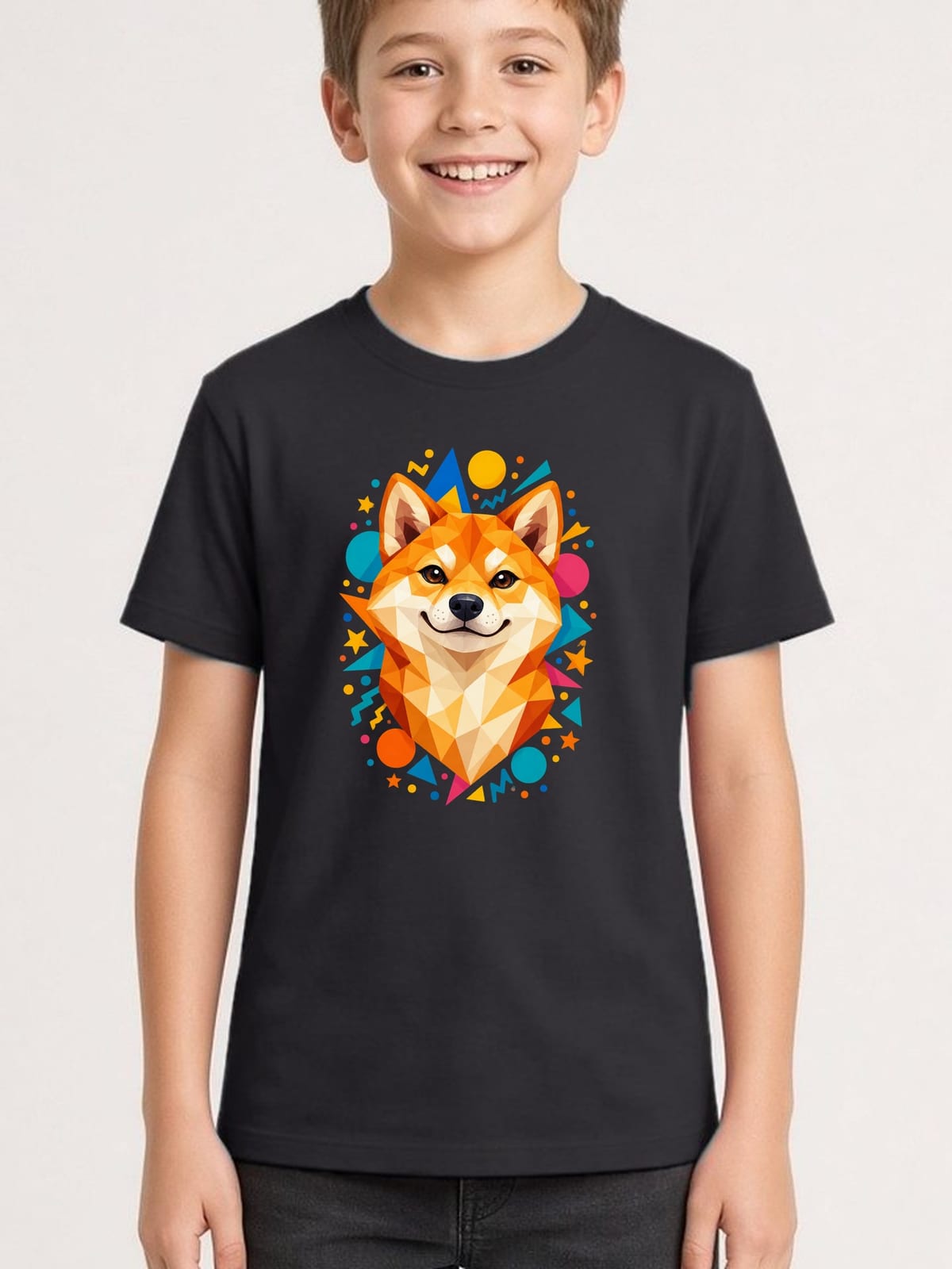 Koszulka z shiba inu dla chłopca czarna geometryczne kształty, zdjęcie 1