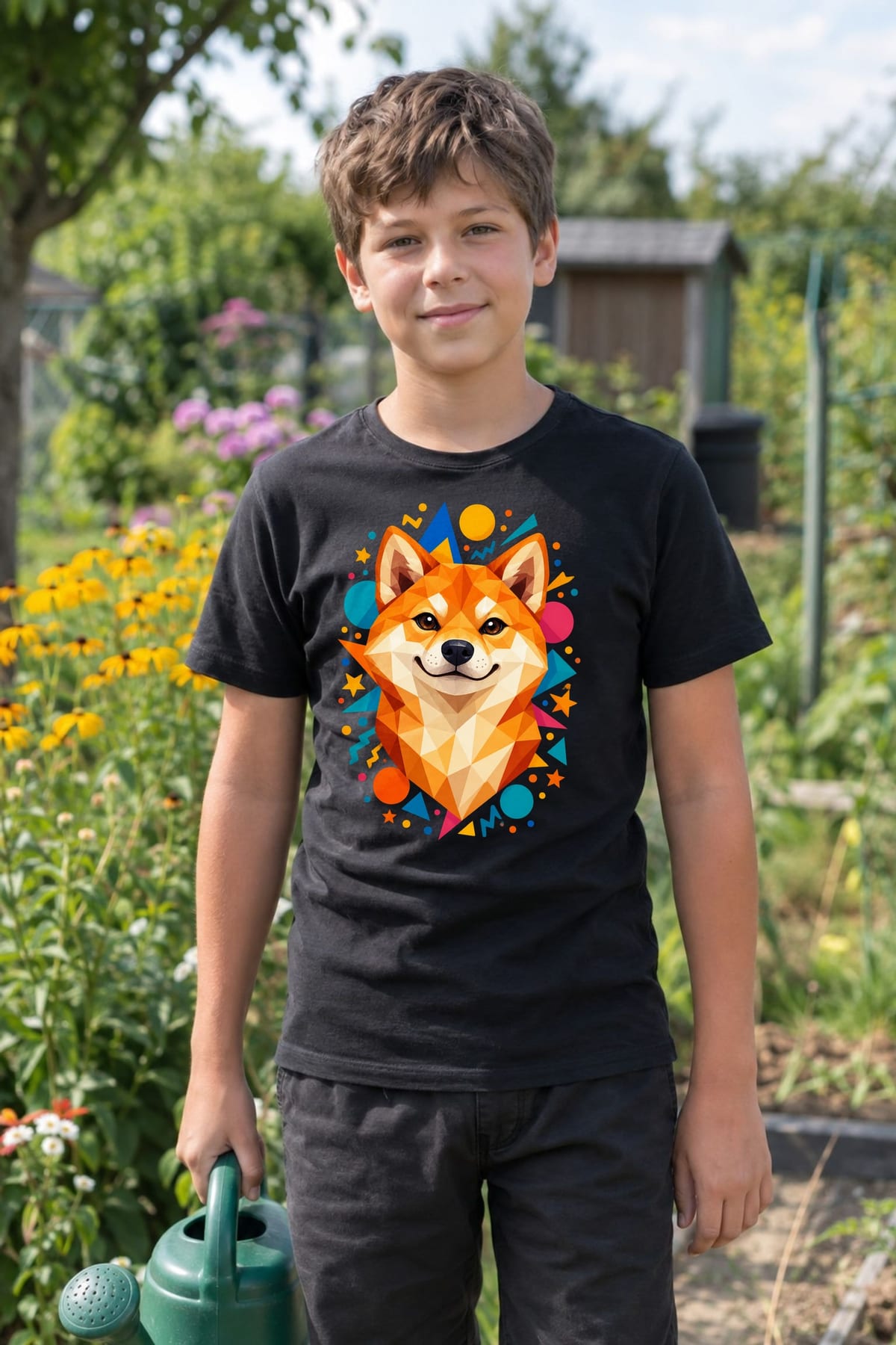 Koszulka z shiba inu dla chłopca czarna geometryczne kształty, zdjęcie 3