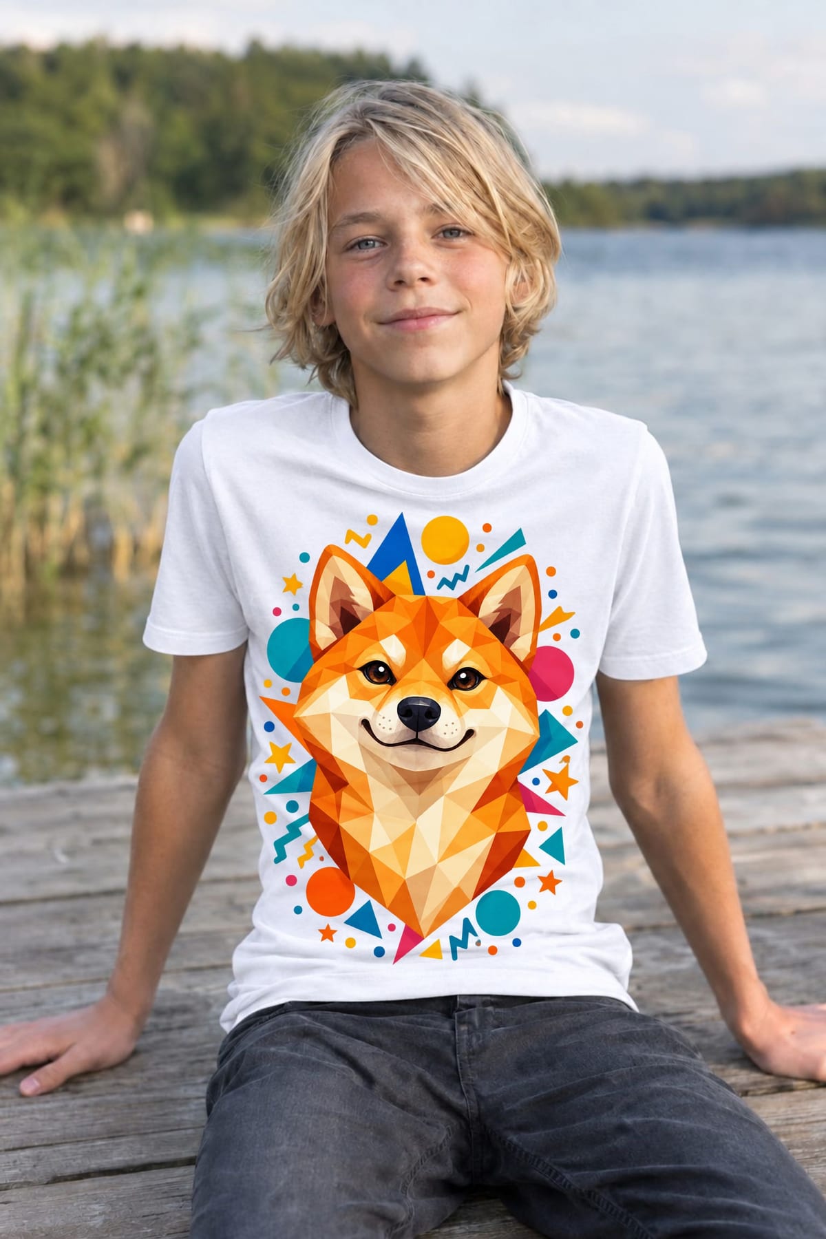 Koszulka z shiba inu dla chłopca biała geometryczne kształty, zdjęcie 6